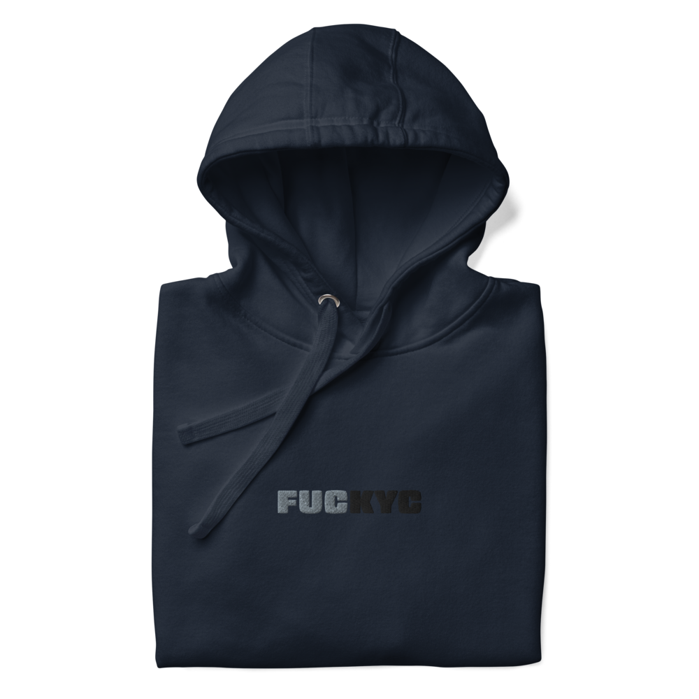 bitcoin hoodie - fuckyc - front view - navy blue