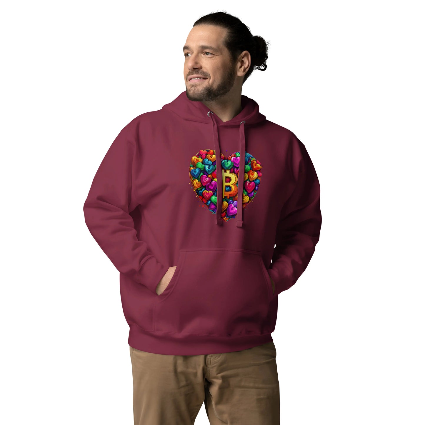 bitcoin hoodie - bitcoin is love - worn on male model 