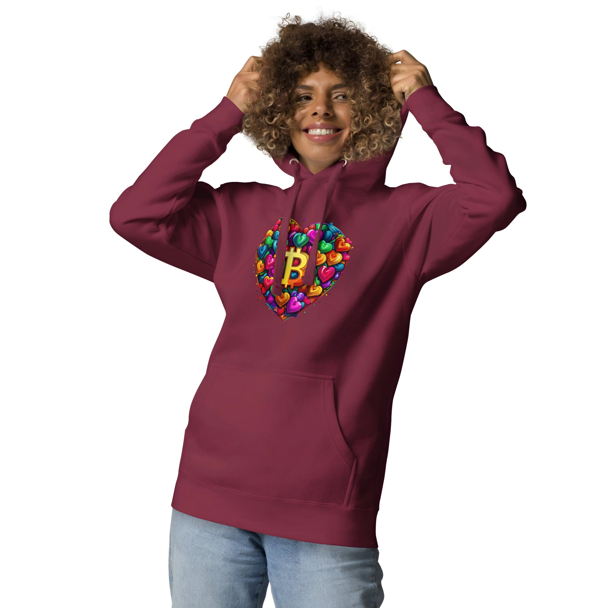bitcoin hoodie - bitcoin is love - worn on model 