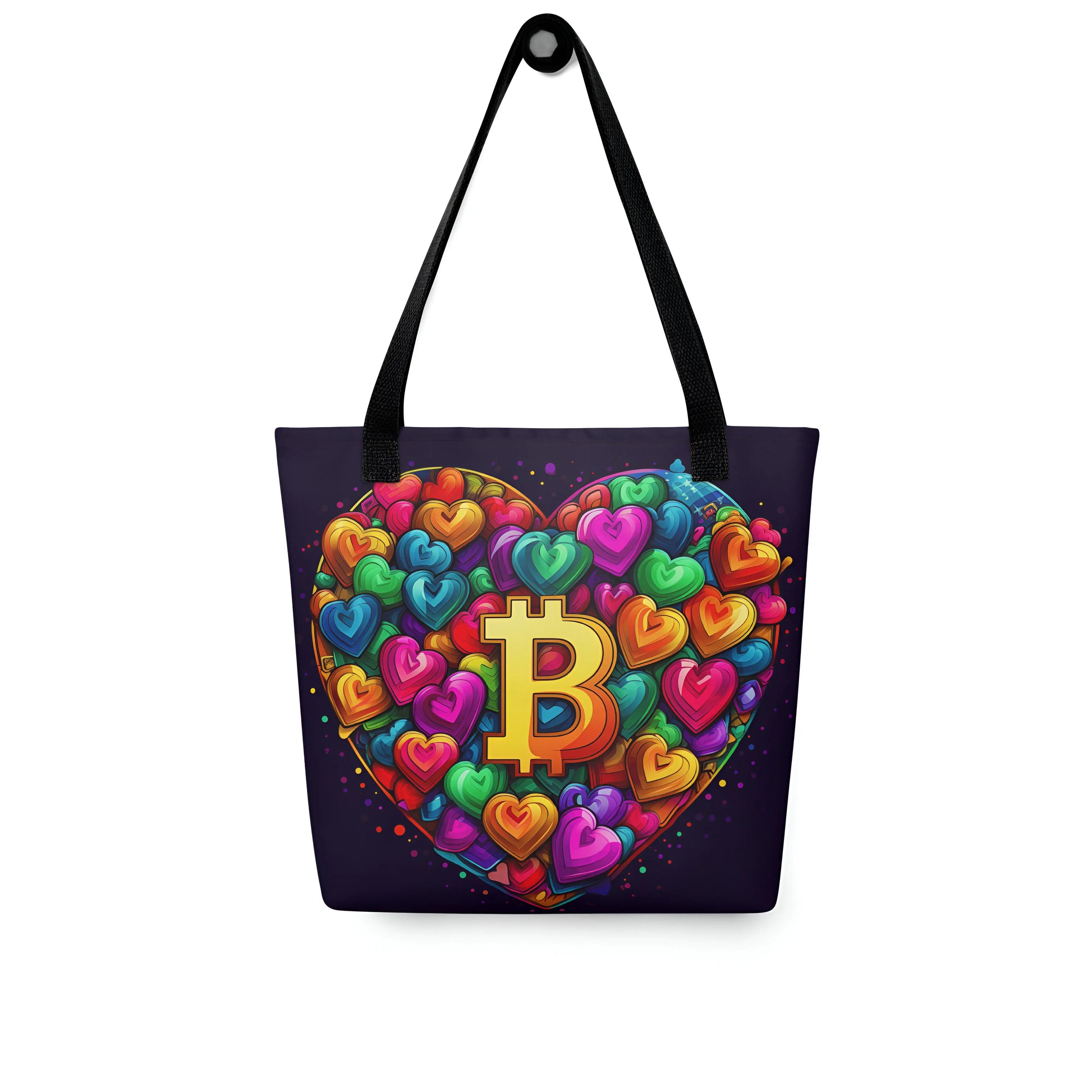bitcoin tote bag - bitcoin is love - front view on hanger
