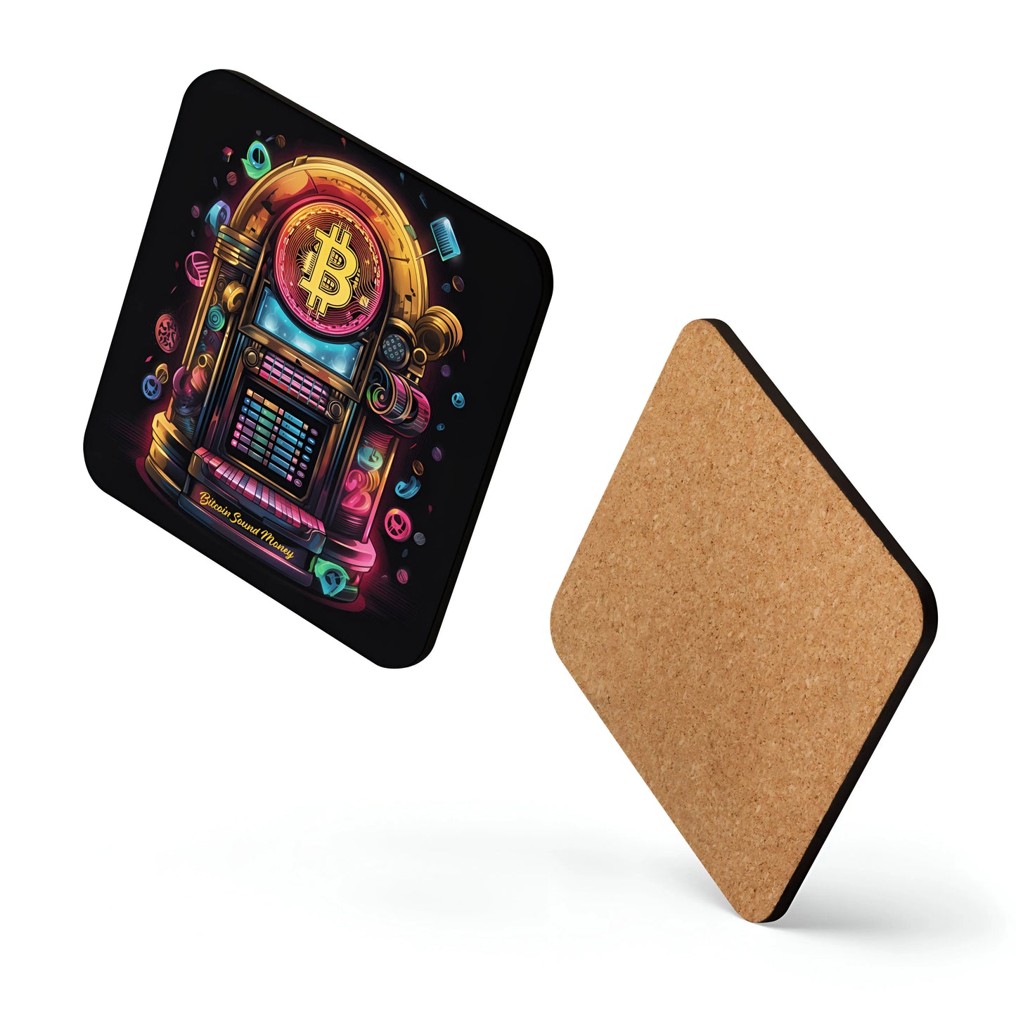 Bitcoin Juke Box Sound Money Bitcoin coaster floating layout front view
