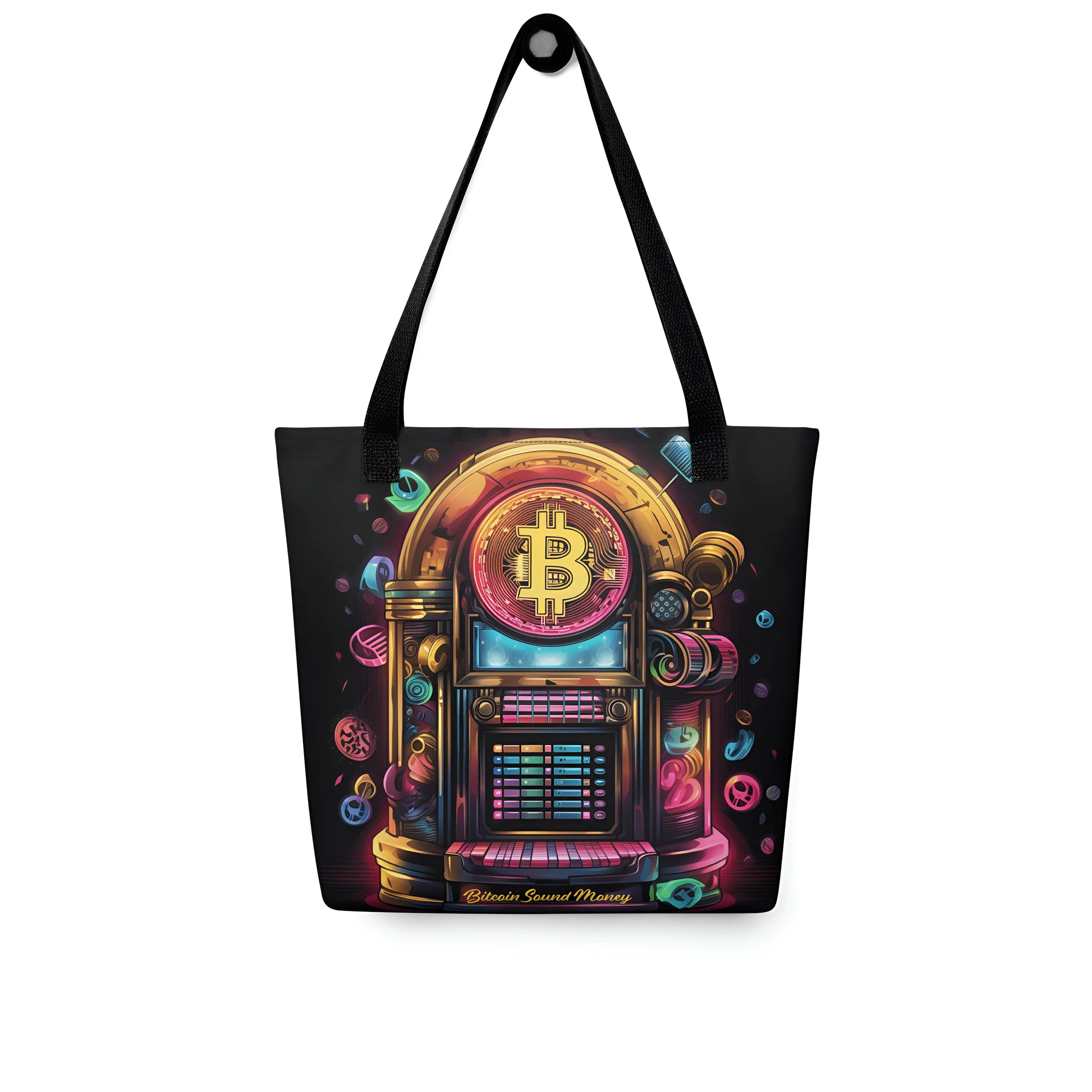 bitcoin tote bag - bitcoin juke box sound money - front view on hanger