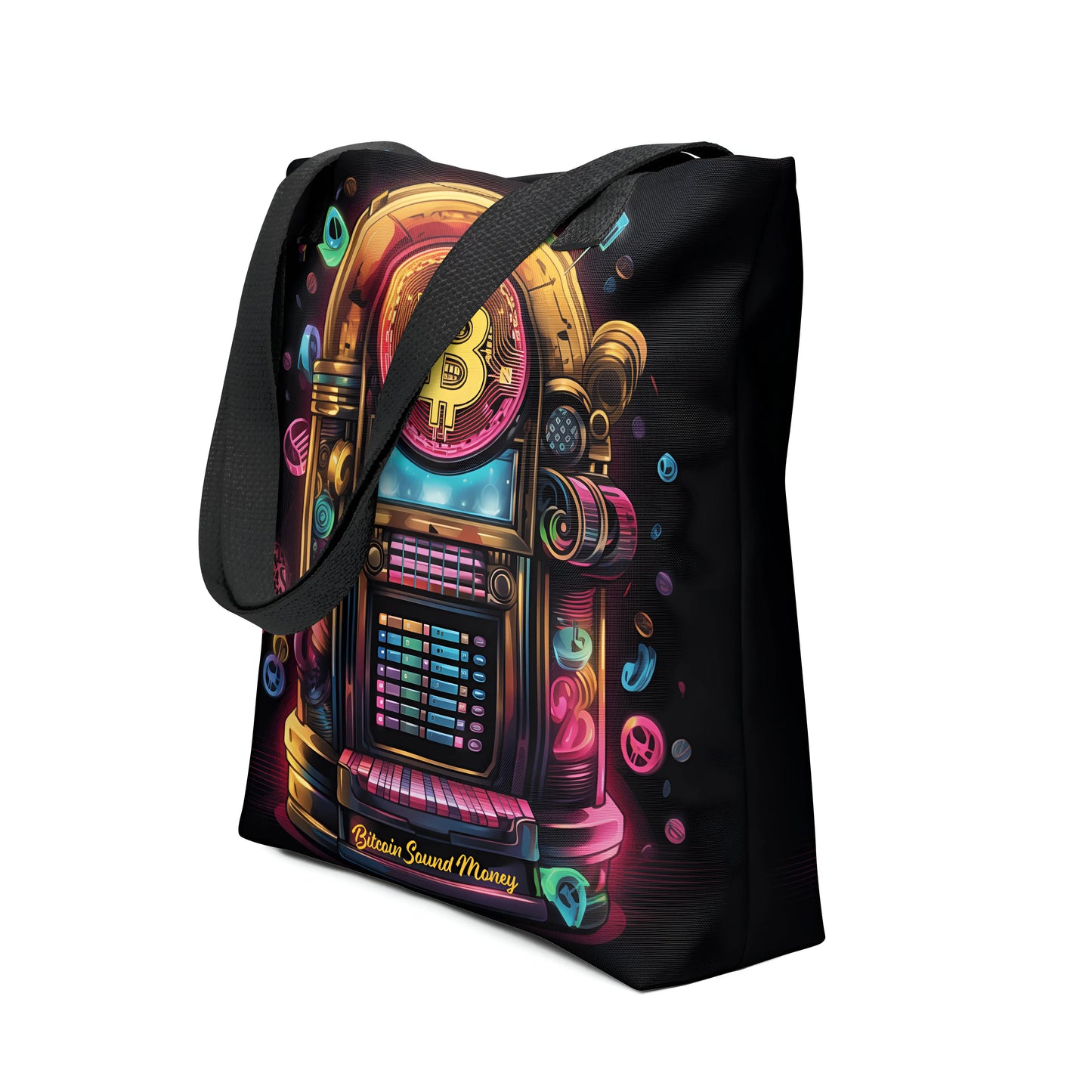 bitcoin tote bag - bitcoin juke box sound money - front view 