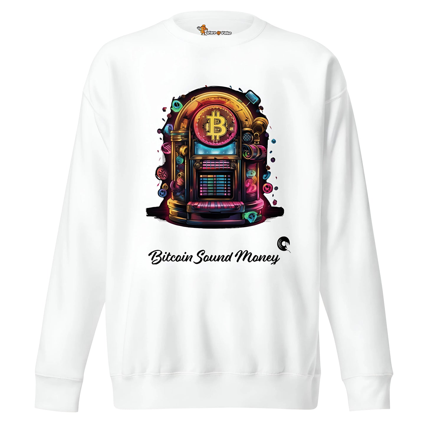bitcoin sweatshirt - bitcoin juke box sound money - front view - white color