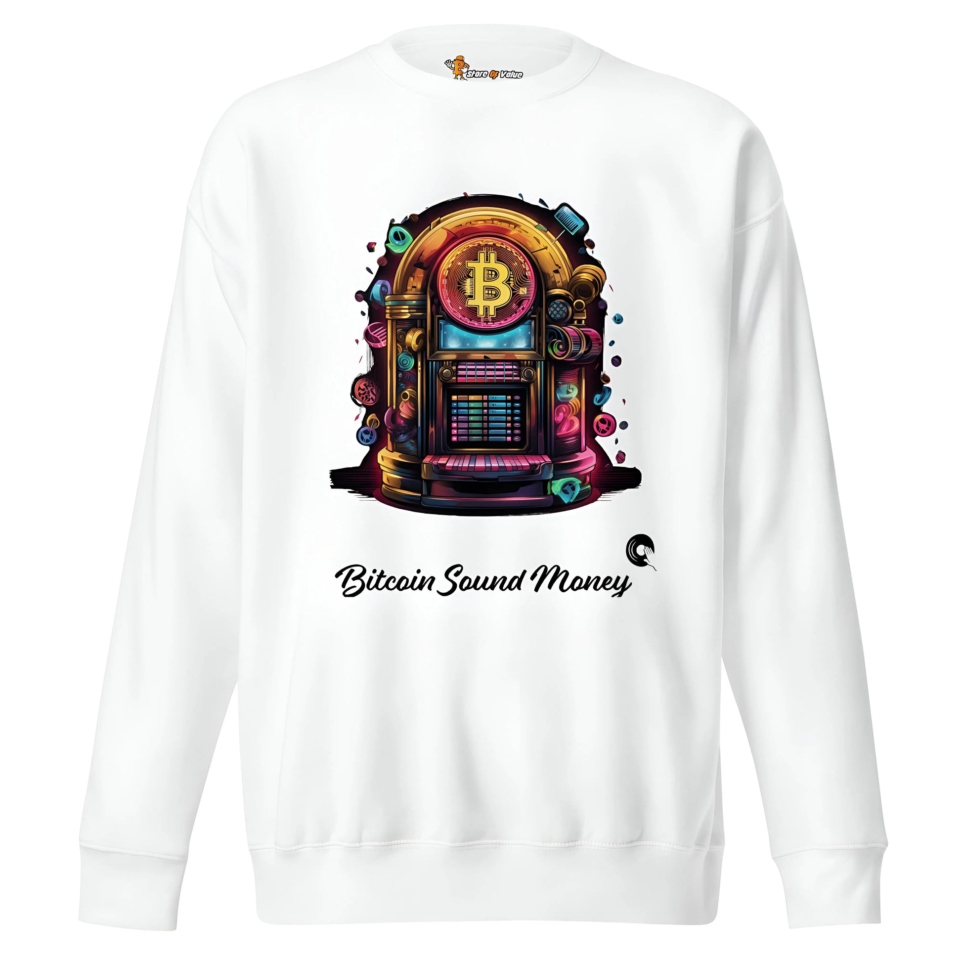 bitcoin sweatshirt - bitcoin juke box sound money - front view - white color