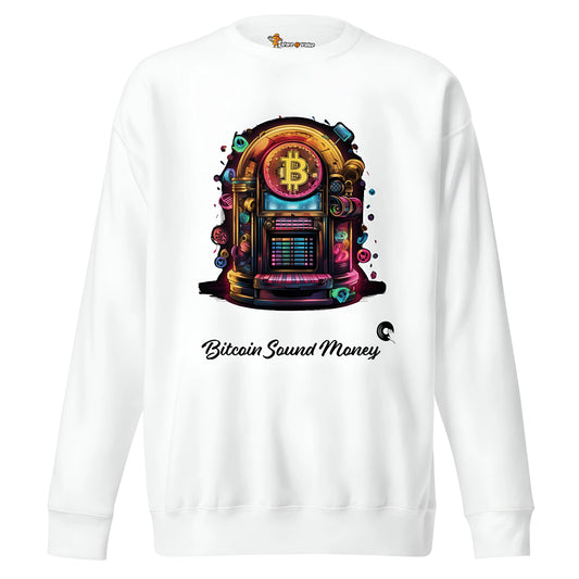 bitcoin sweatshirt - bitcoin juke box sound money - front view - white color