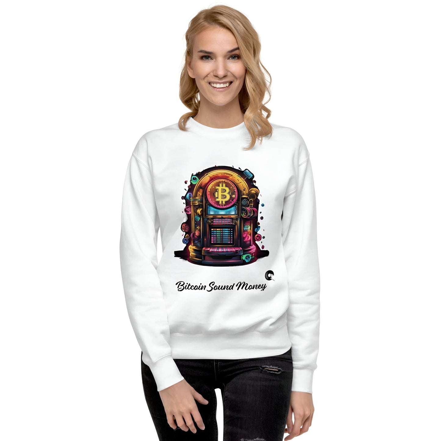 bitcoin sweatshirt - bitcoin juke box sound money - worn by female - white color