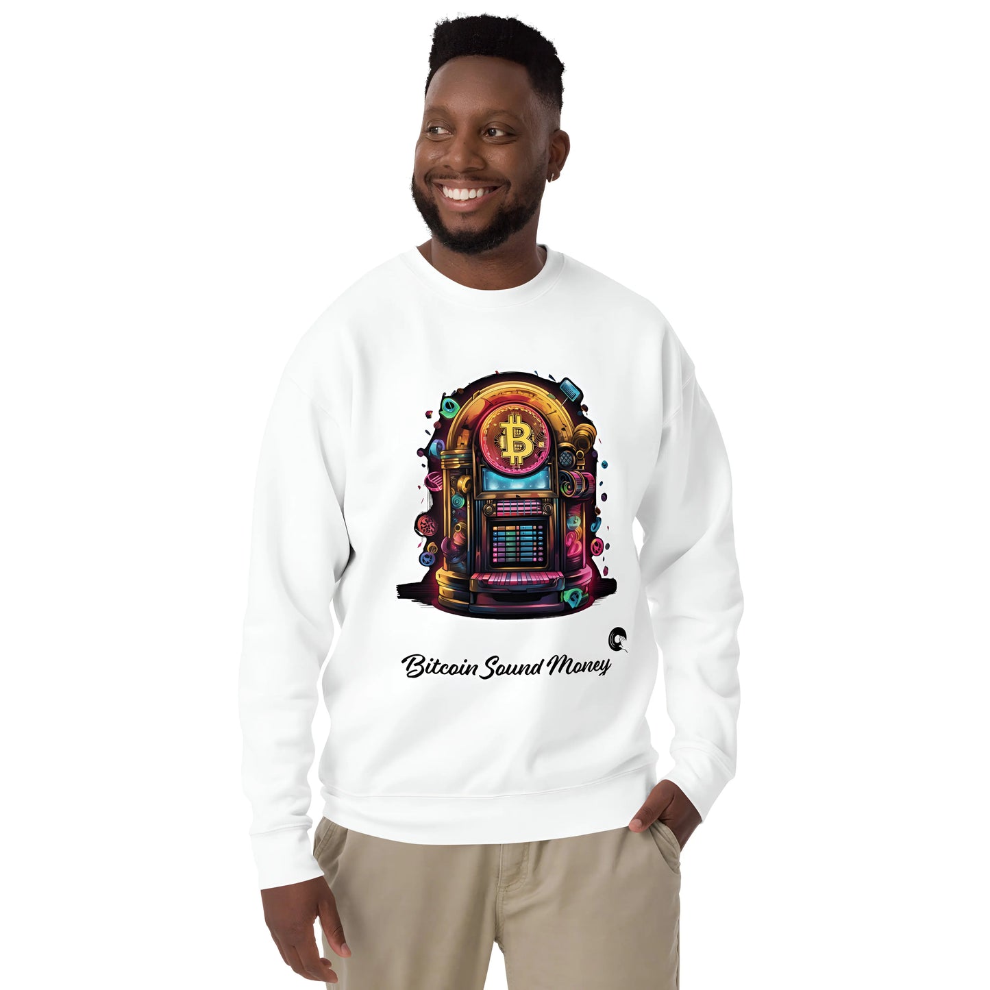 bitcoin sweatshirt - bitcoin juke box sound money - worn by male - white color