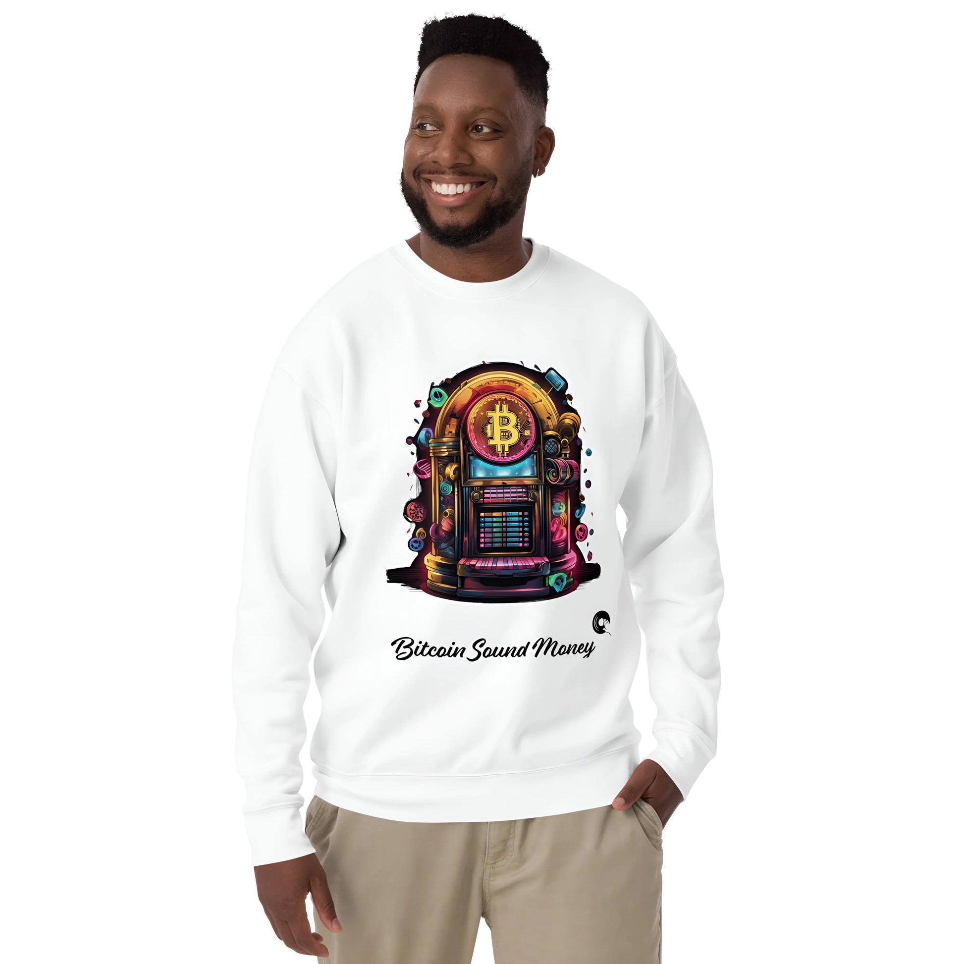 bitcoin sweatshirt - bitcoin juke box sound money - worn by male - white color