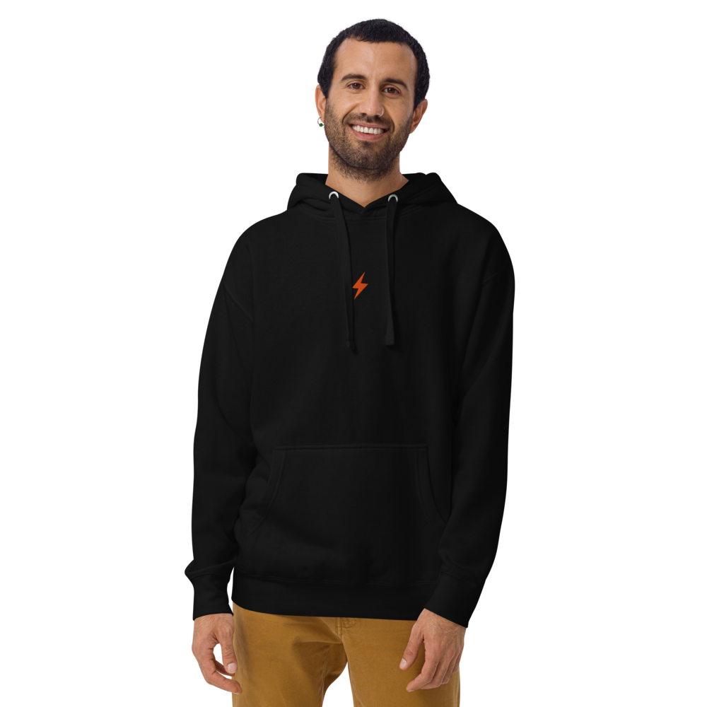 bitcoin hoodie - bitcoin lightning symbol - worn on male model - black