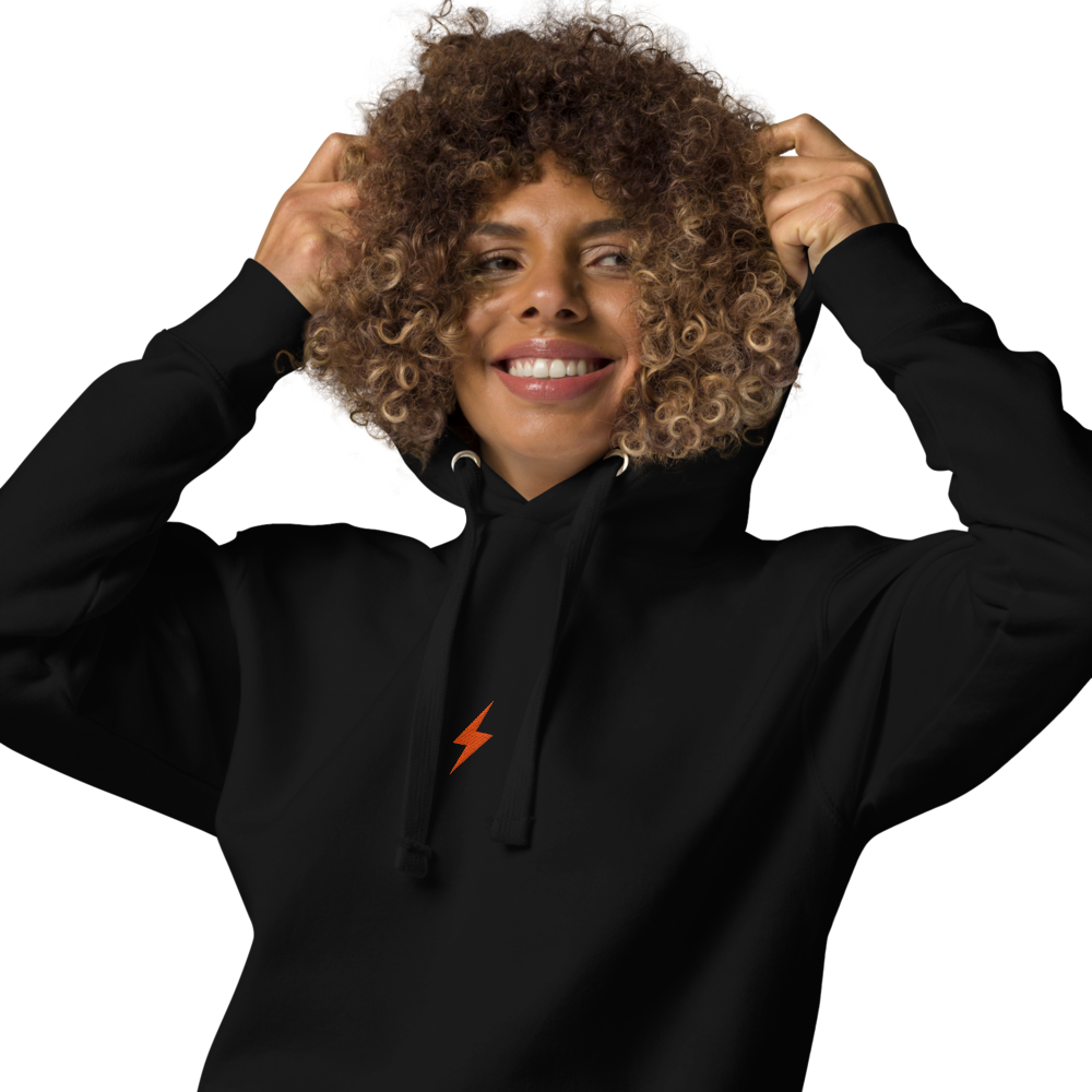 bitcoin hoodie - bitcoin lightning symbol - worn on model - black