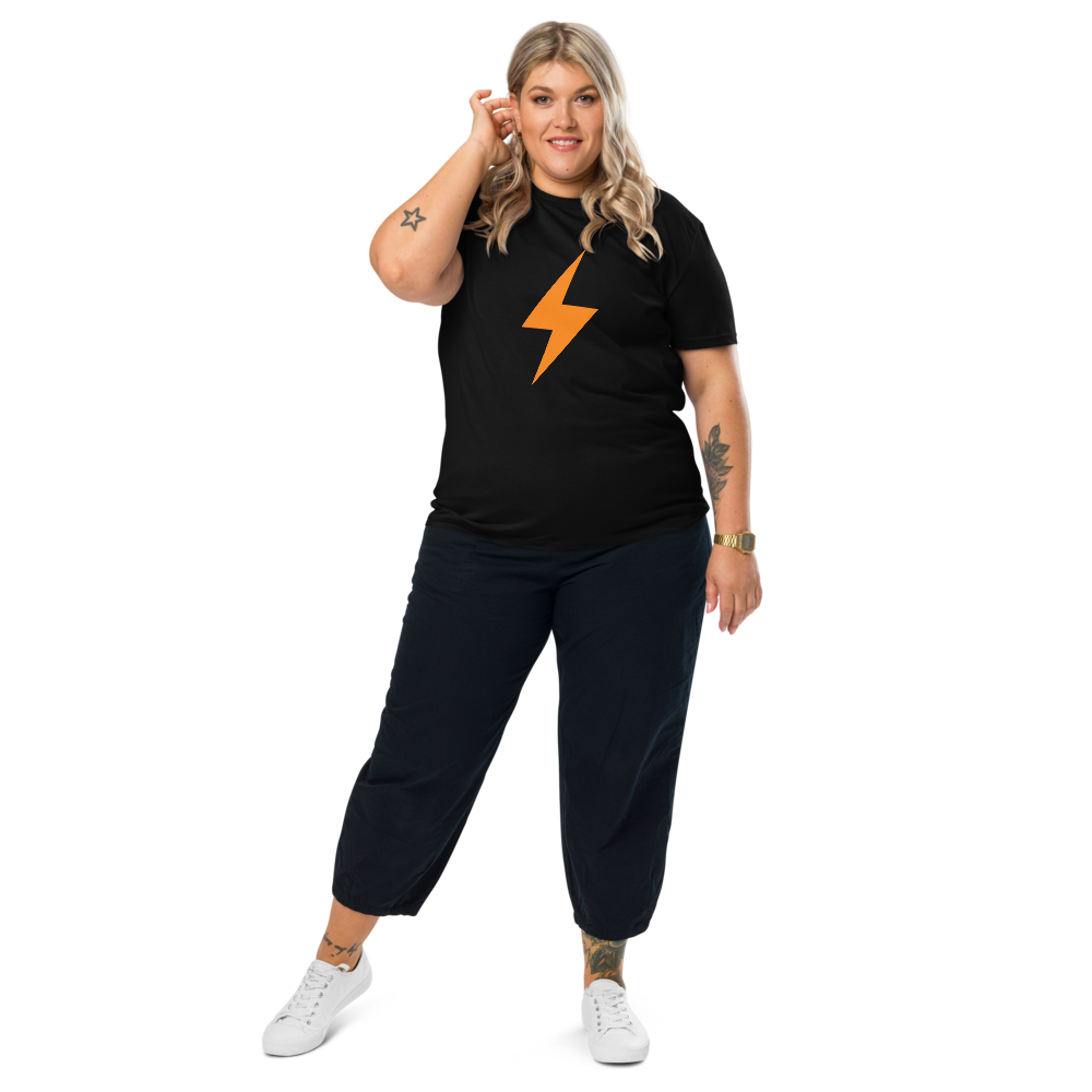 Bitcoin T-Shirt – Bitcoin Lightning Symbol - worn on standing smiling female model - black