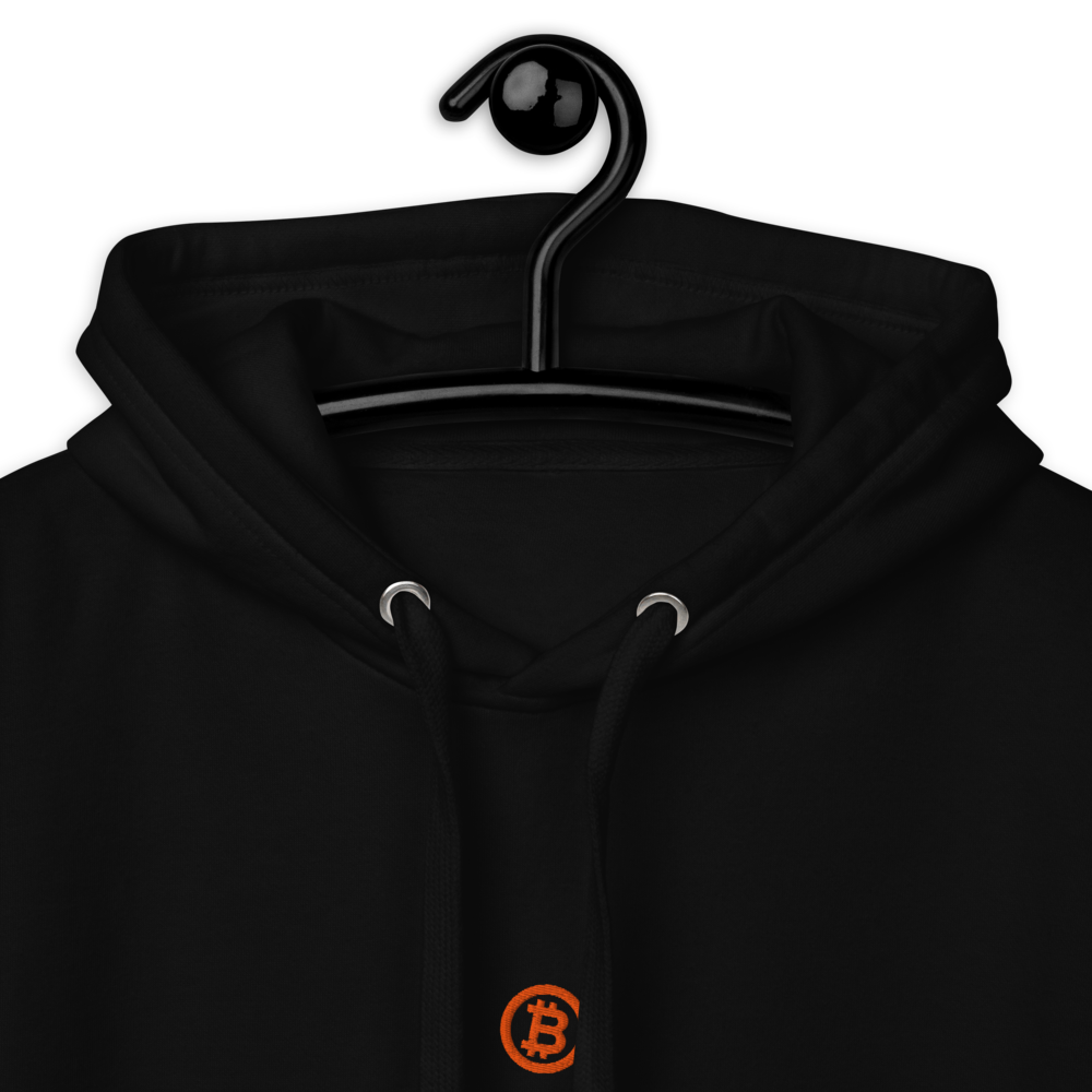 bitcoin hoodie - bitcoin logo - embroidery close-up - orange
