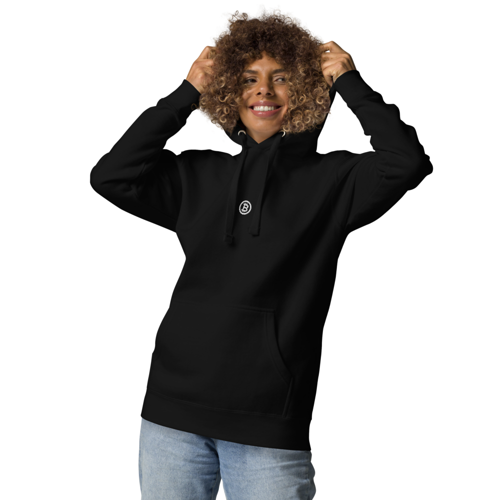 bitcoin hoodie - bitcoin logo - worn on standing female model - black