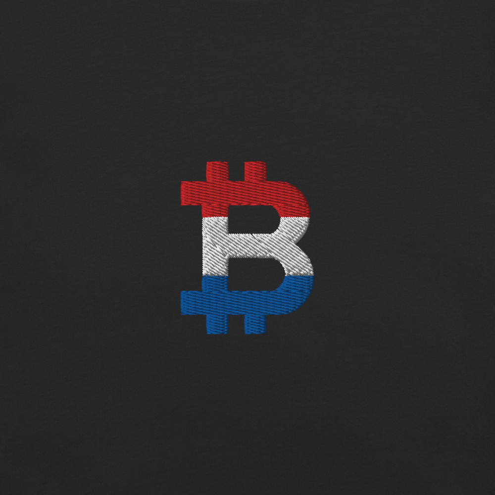 bitcoin t-shirt - bitcoin logo - dutch flag colors embroidery close-up