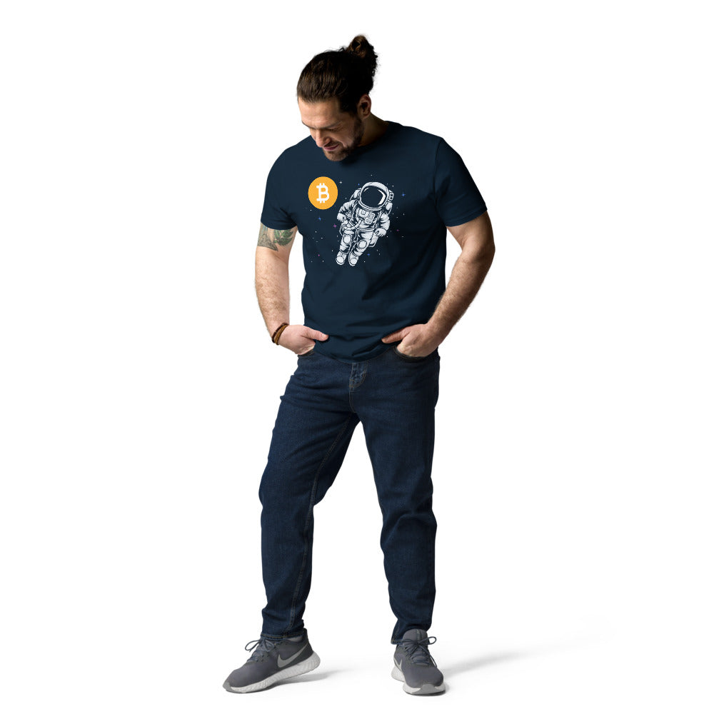 bitcoin t-shirt - bitcoin moonwalker - male model - blue