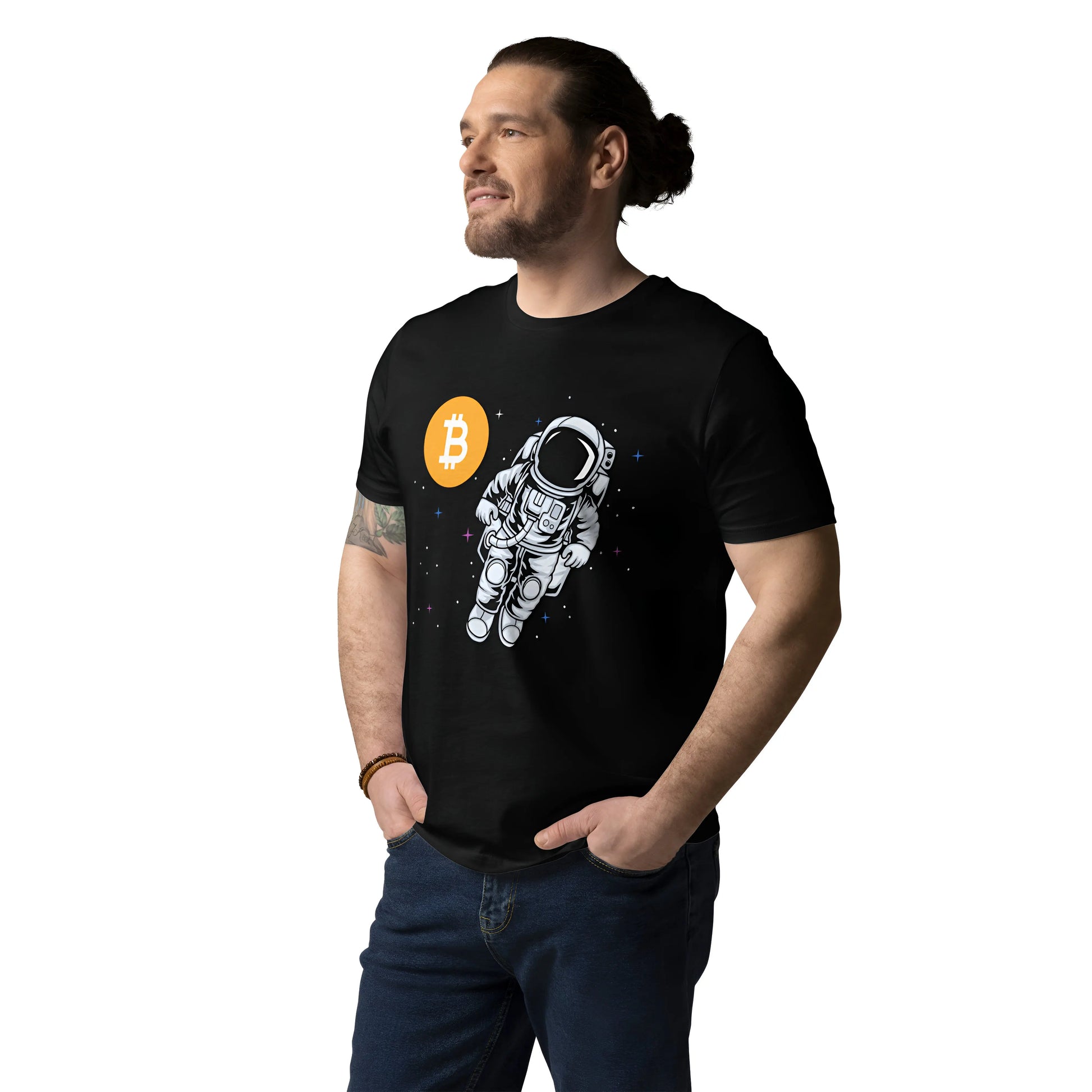 bitcoin t-shirt - bitcoin moonwalker - male model - black