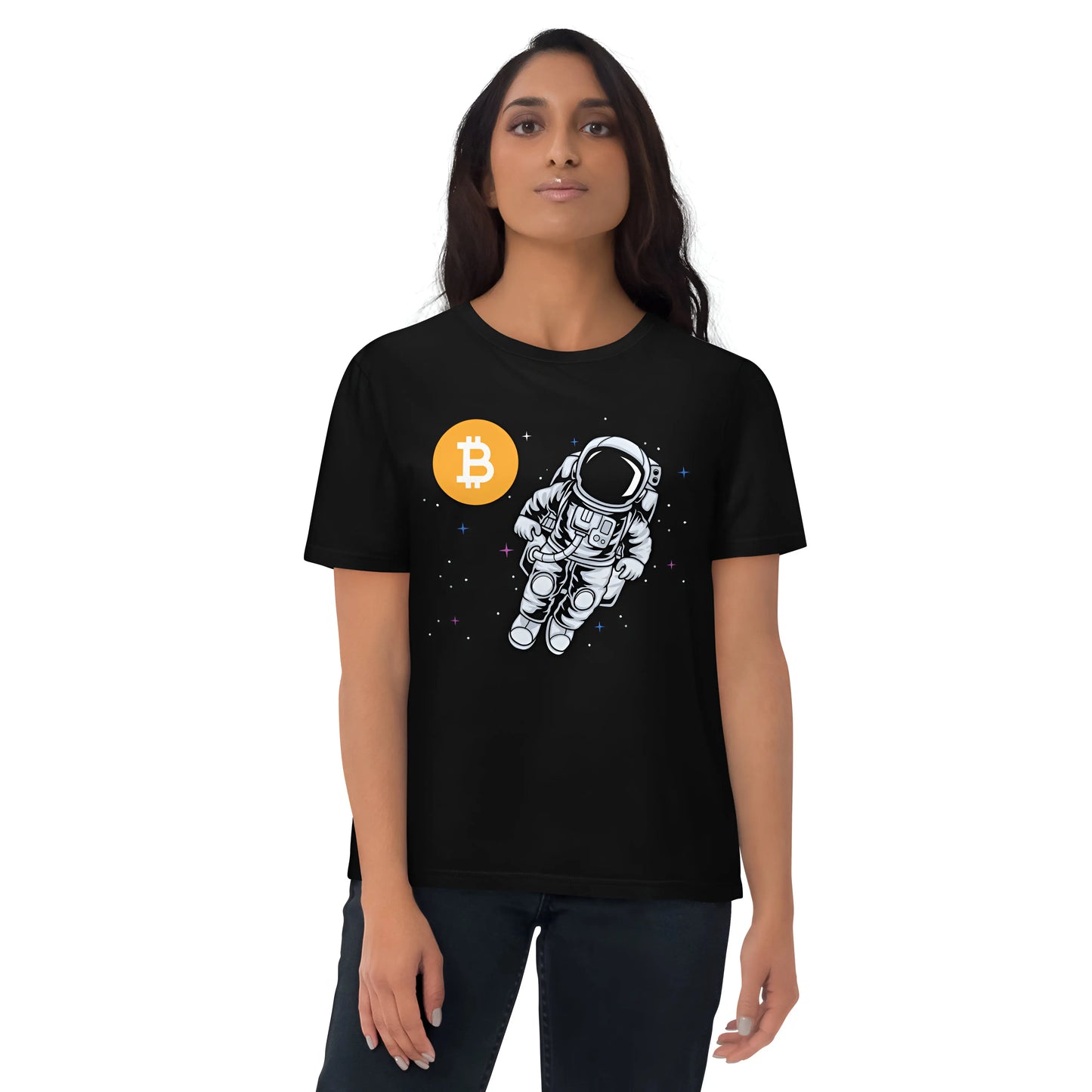 bitcoin t-shirt - bitcoin moonwalker - worn on female model - black
