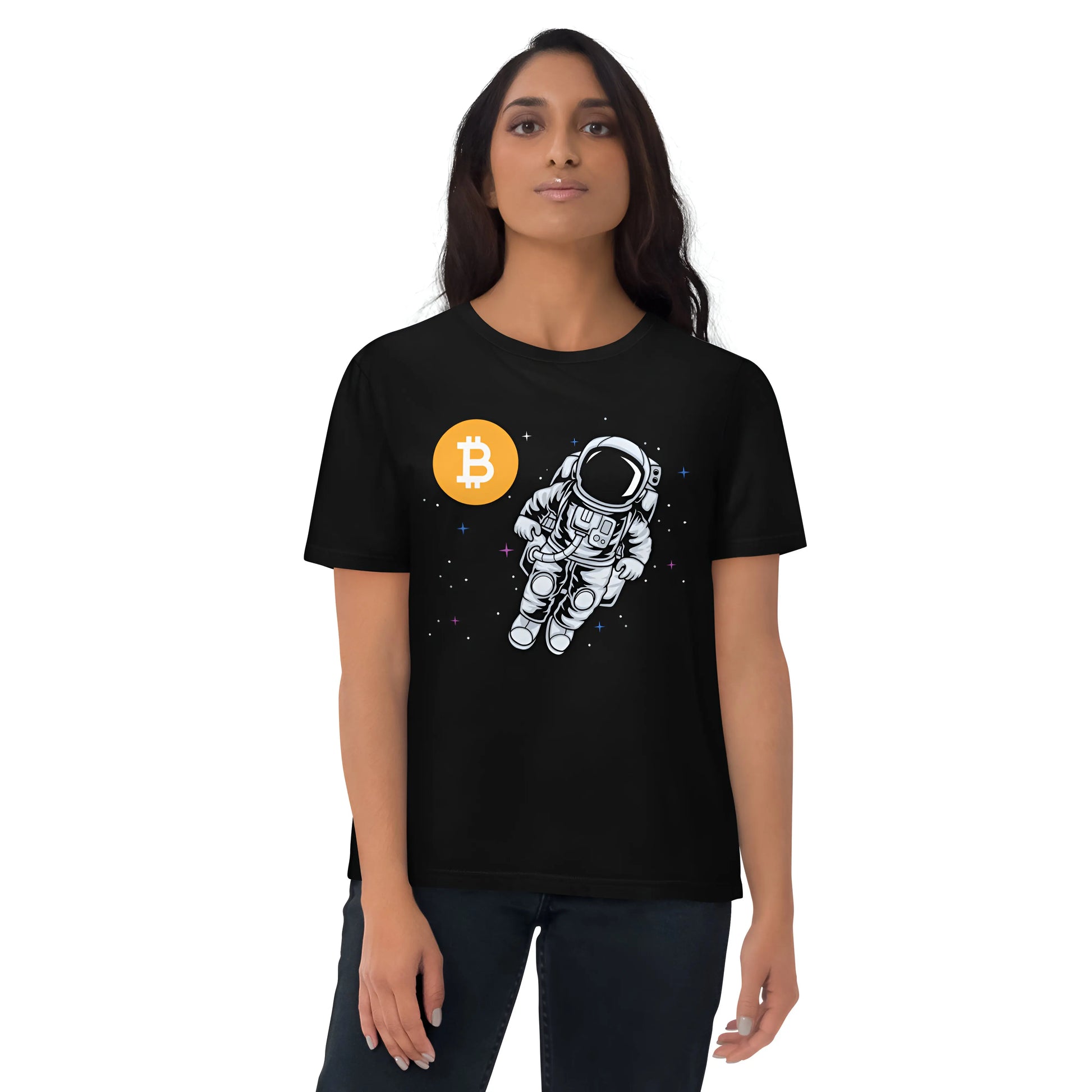 bitcoin t-shirt - bitcoin moonwalker - worn on female model - black