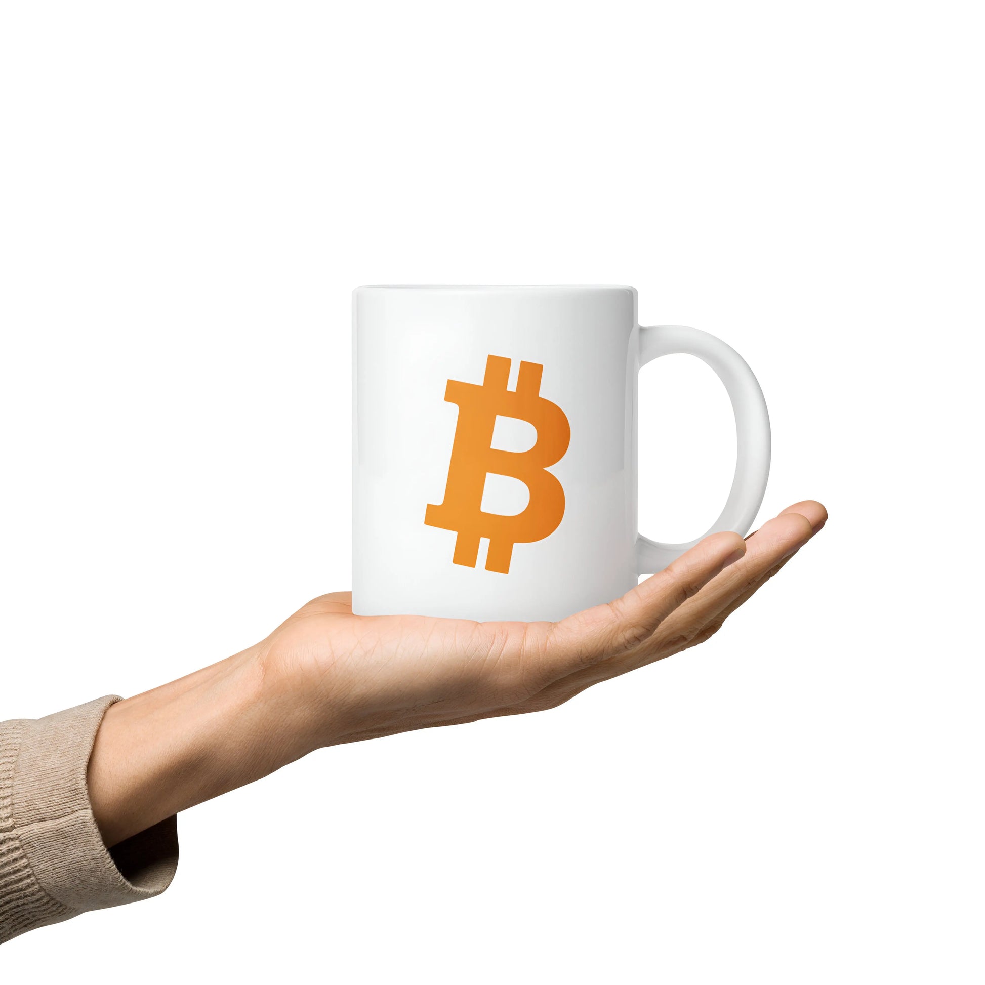bitcoin mug - angled orange bitcoin symbol - hold on hand