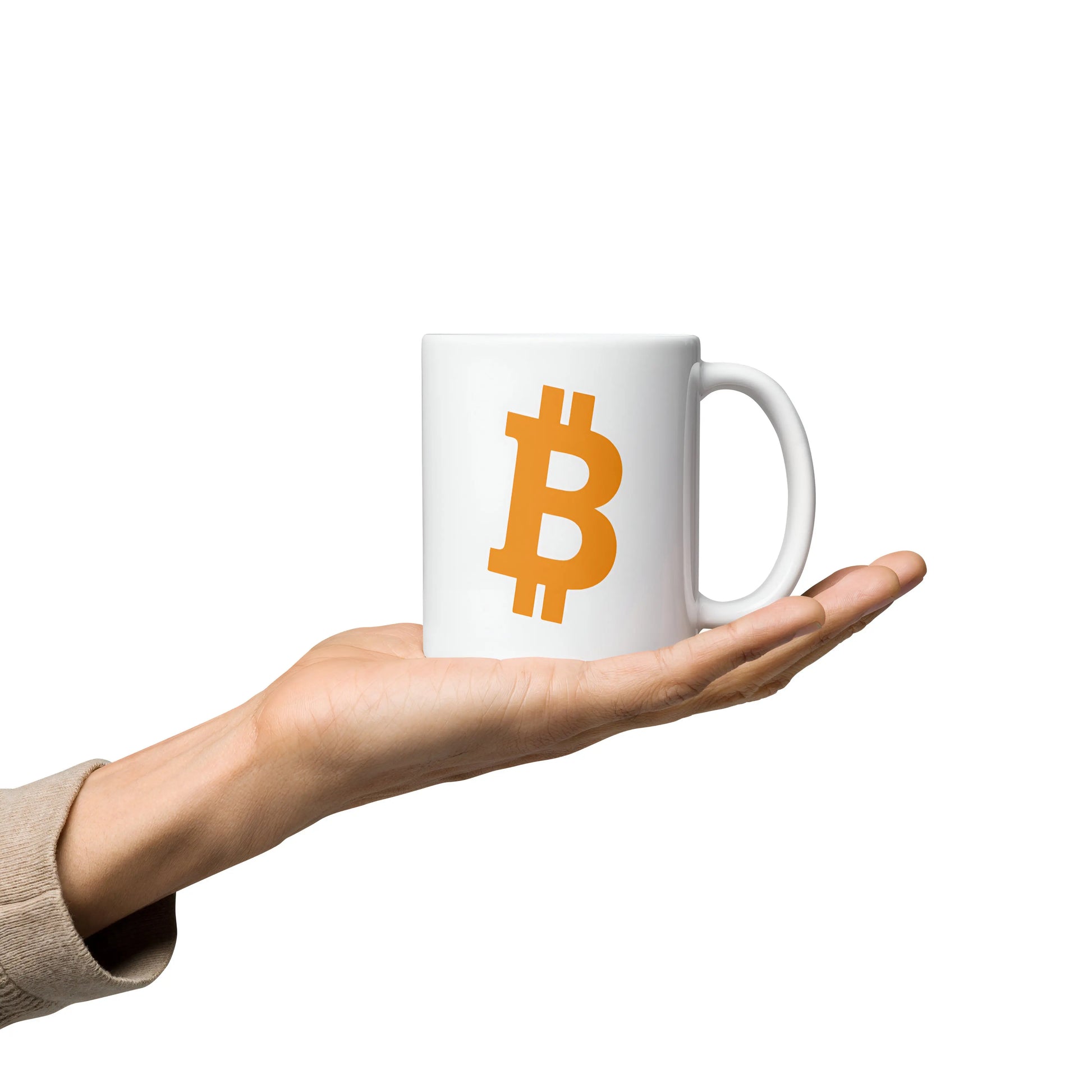 bitcoin mug - angled orange bitcoin symbol - hold on hand