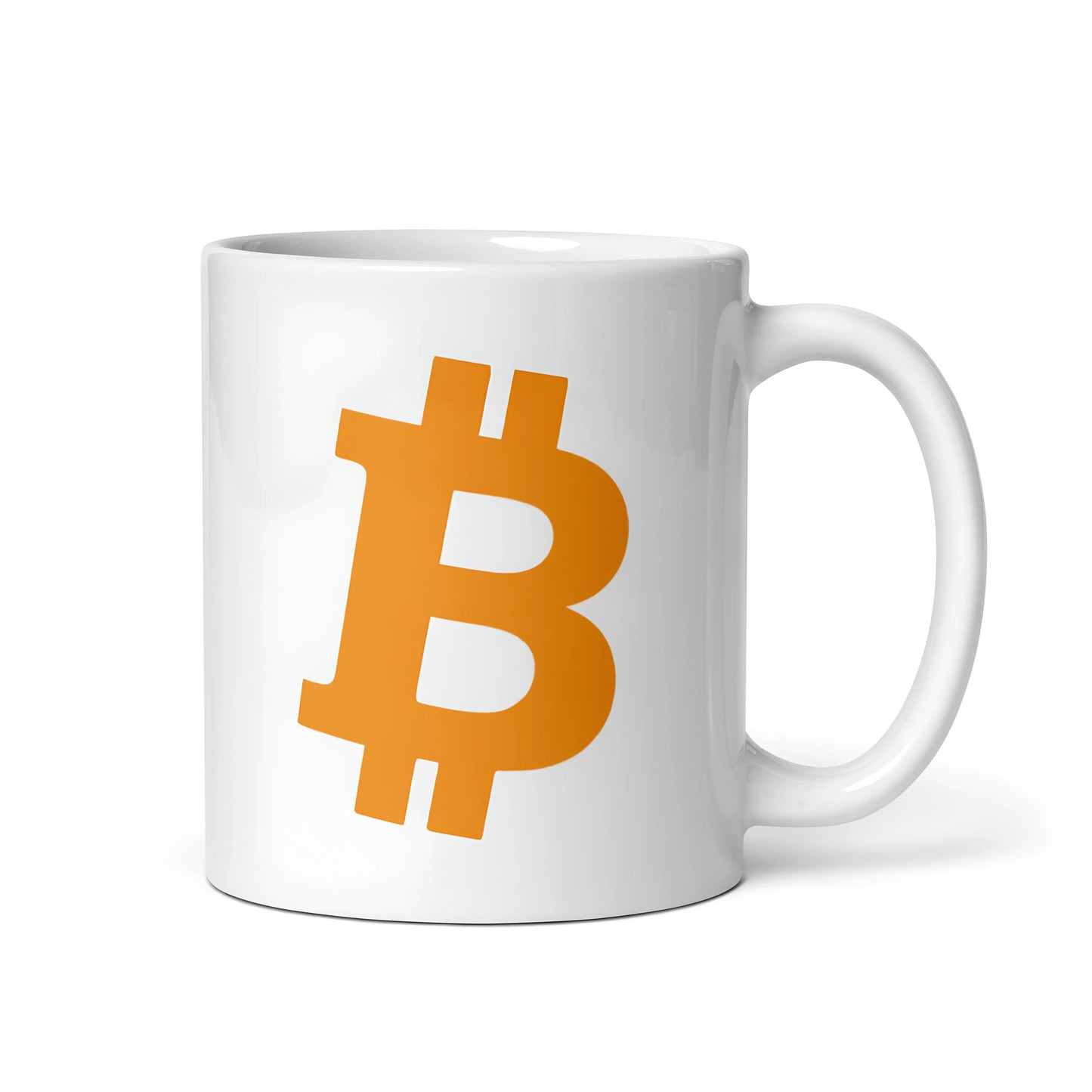 bitcoin mug - angled orange bitcoin symbol - right side view