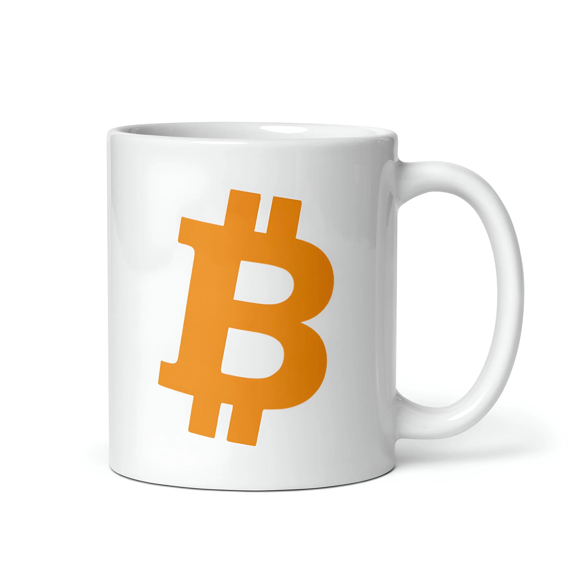 bitcoin mug - angled orange bitcoin symbol - right side view
