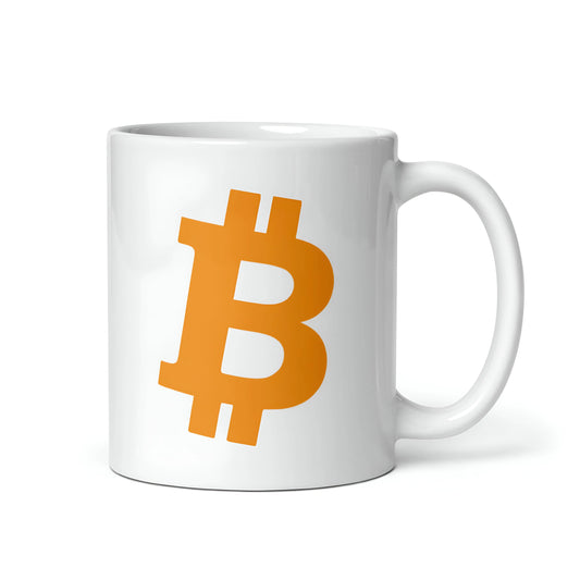 bitcoin mug - angled orange bitcoin symbol - right side view