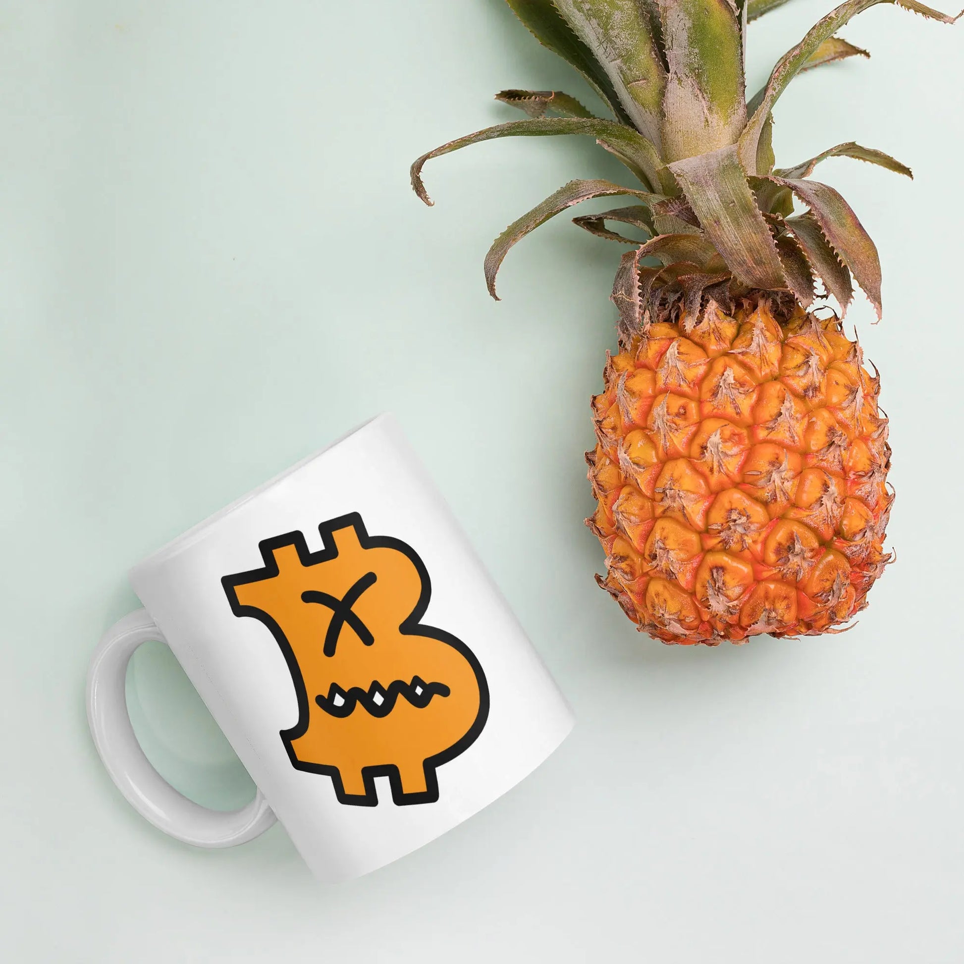 bitcoin mug - b grumpy design - lifestyle with pineapple