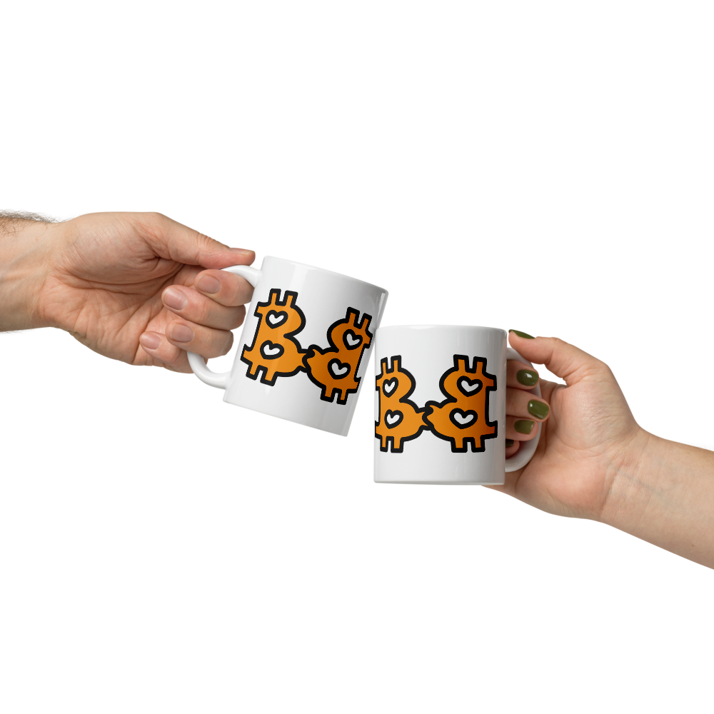 bitcoin mug - be in love design - hold by 2 hands