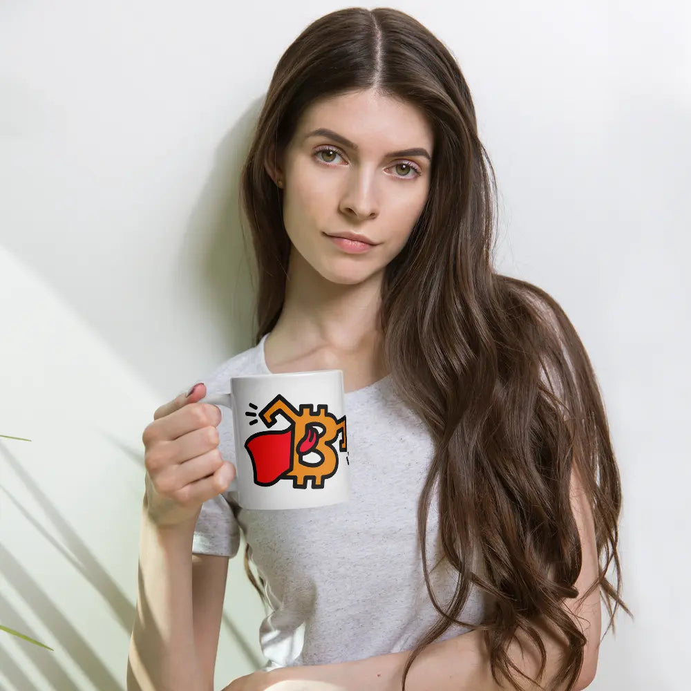 bitcoin mug - be superman design - hold on hand by female model