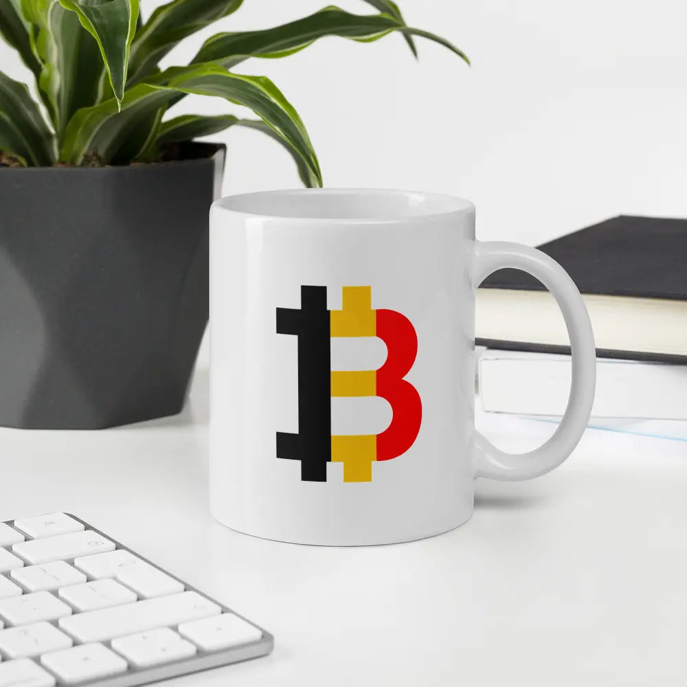 bitcoin mug - belgium bitcoin flag - at office desk