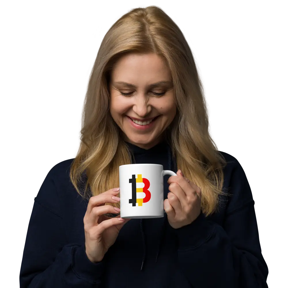 bitcoin mug - belgium bitcoin flag - hold on hand - hold by model