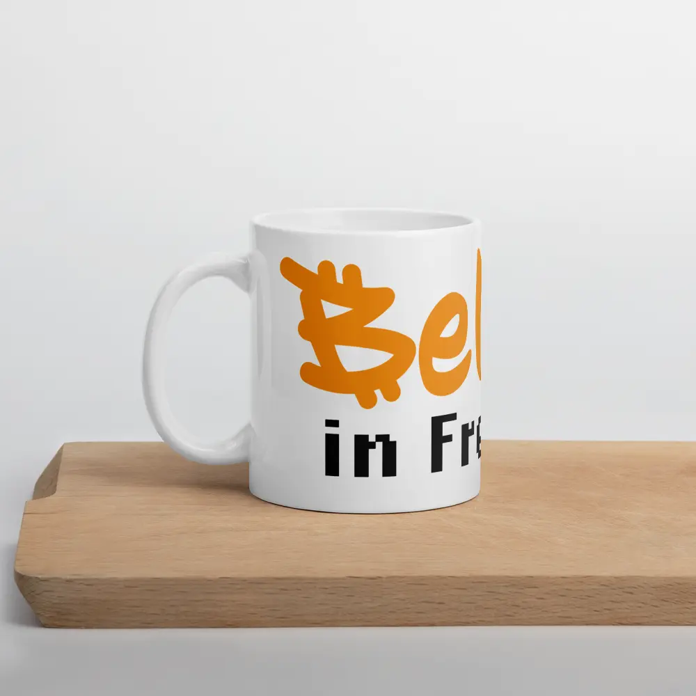 bitcoin mug - believe in freedom - left side view