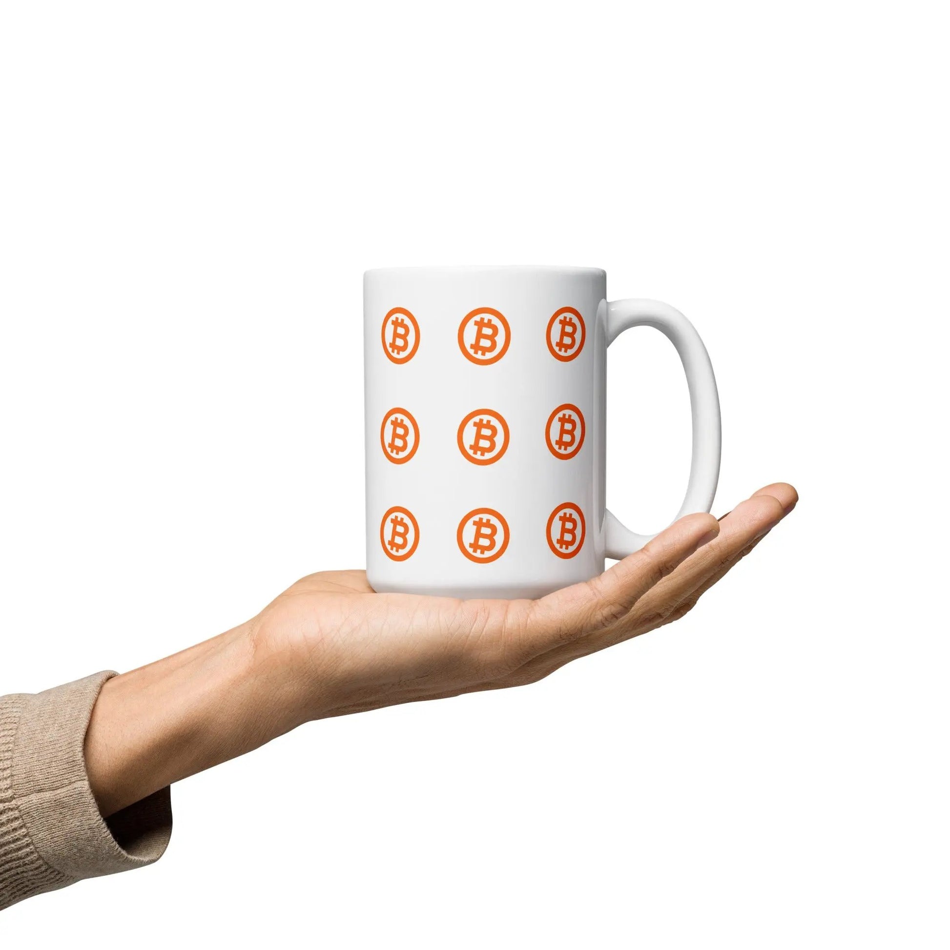 bitcoin mug - bitcoin circle orange - hold on hand - 443ml