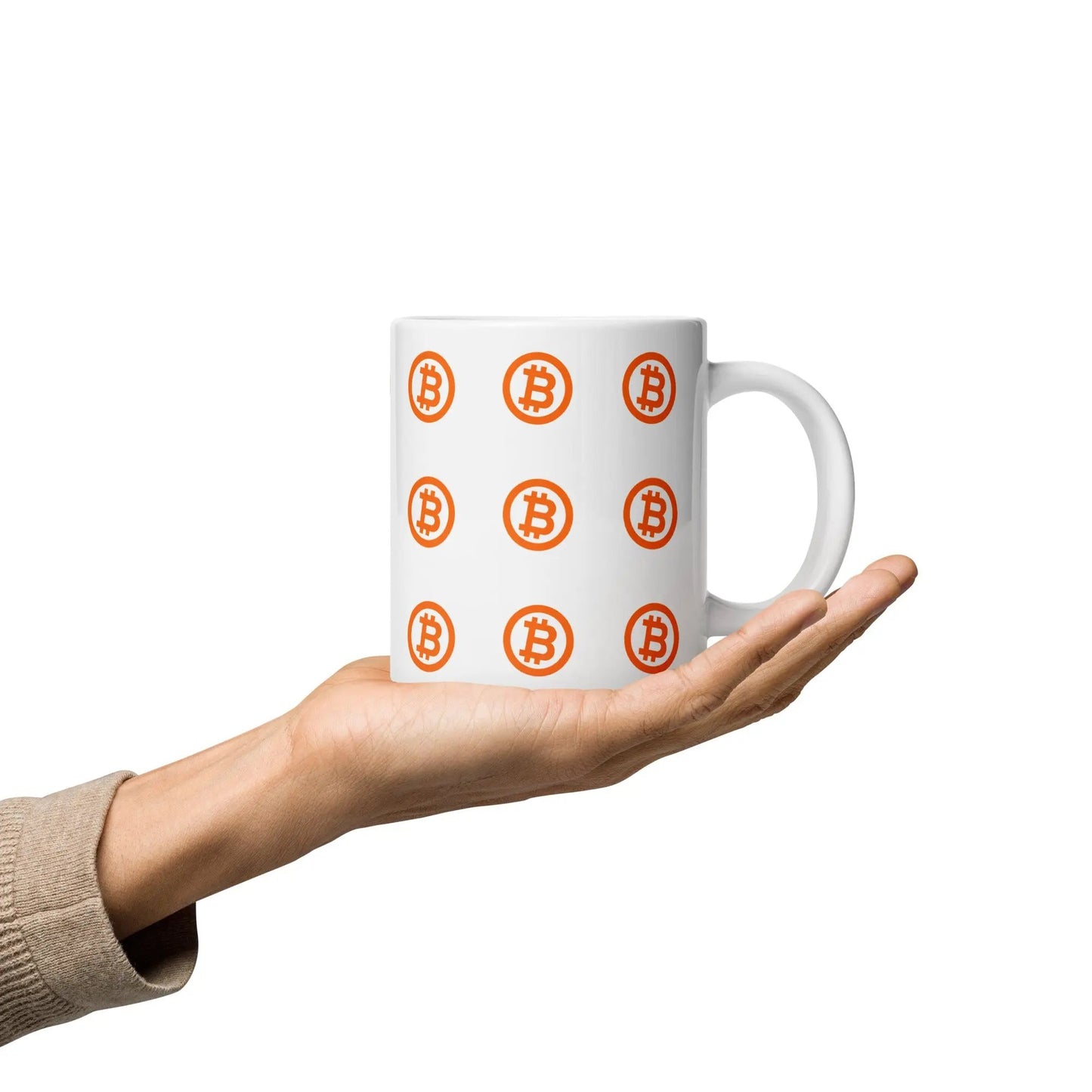 bitcoin mug - bitcoin circle orange - hold on hand - 591ml