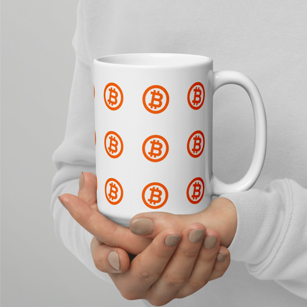 bitcoin mug - bitcoin circle orange - hold on hand