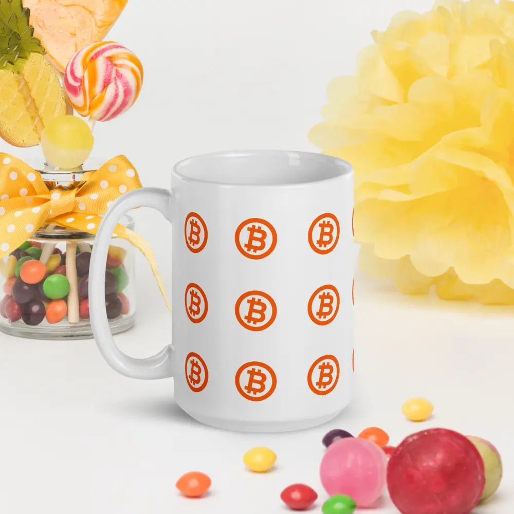 bitcoin mug - bitcoin circle orange - surrounded by sweets