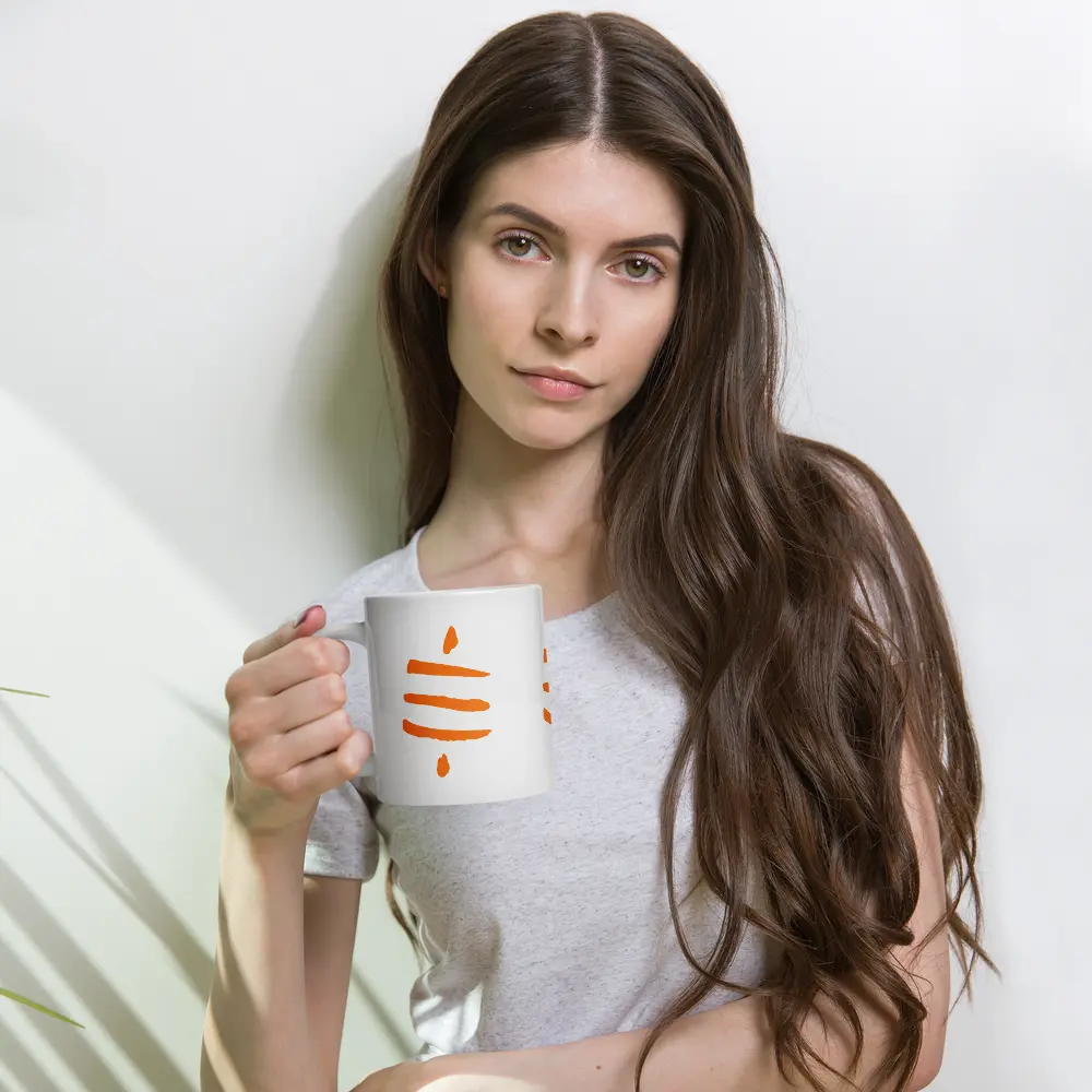 bitcoin mug - bitcoin sats symbol - hold by female model