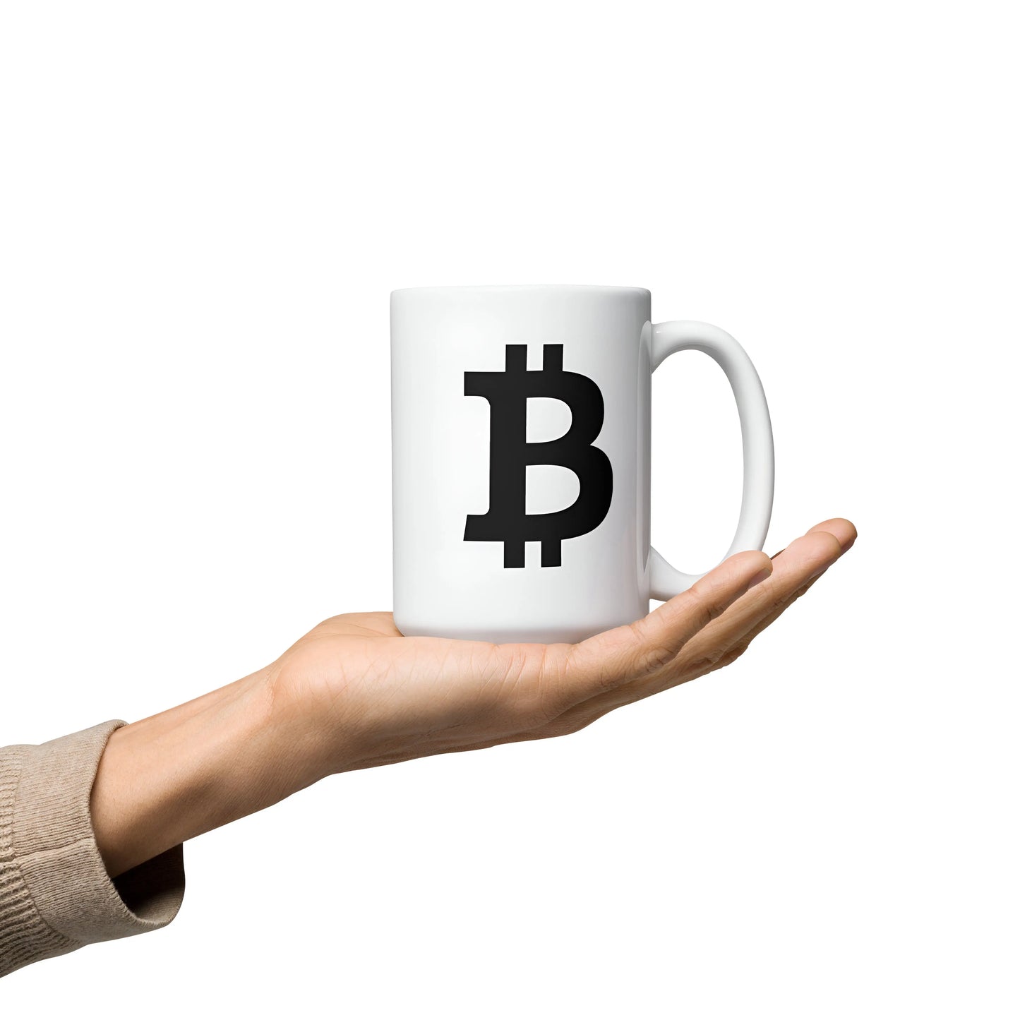 bitcoin mug - black bitcoin symbol - hold on hand