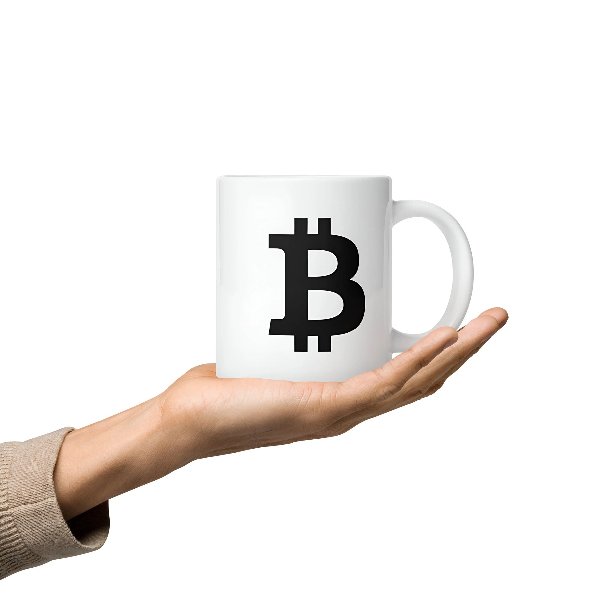 bitcoin mug - black bitcoin symbol - hold on hand - 591ml