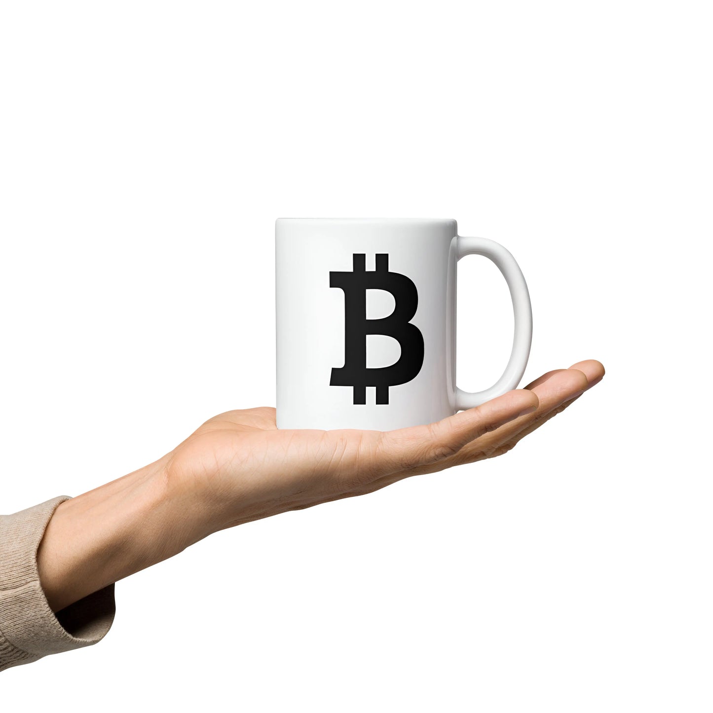 bitcoin mug - black bitcoin symbol - hold on hand