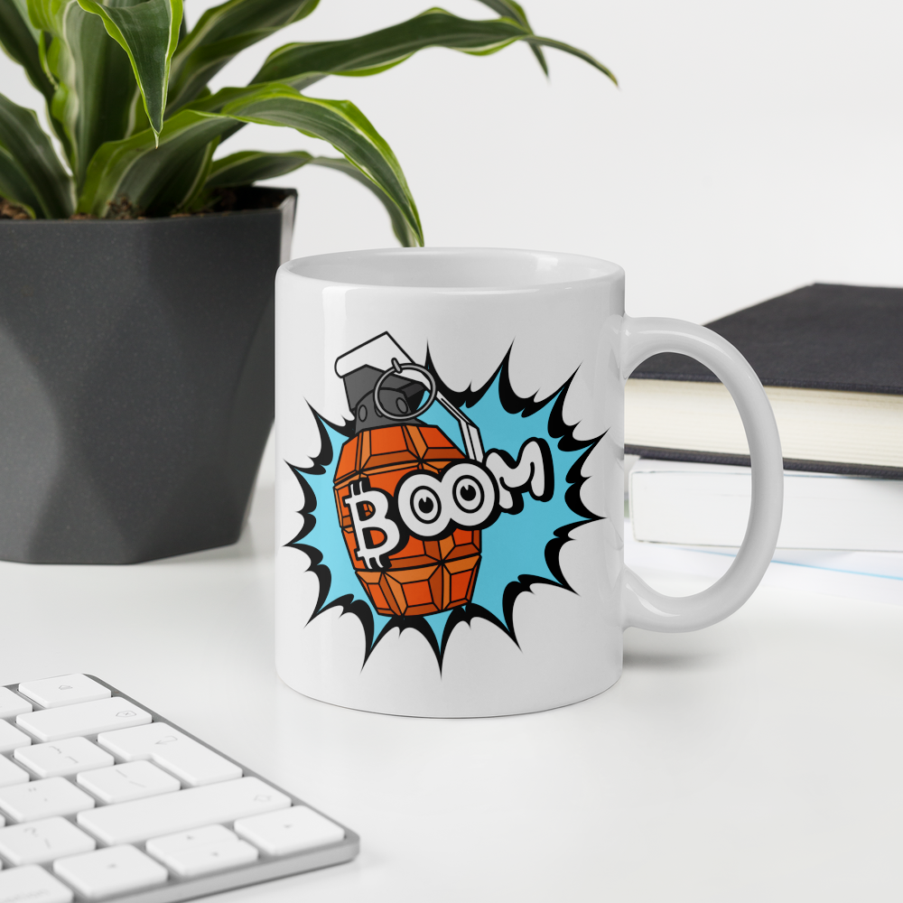 bitcoin mug - boom - at office desk