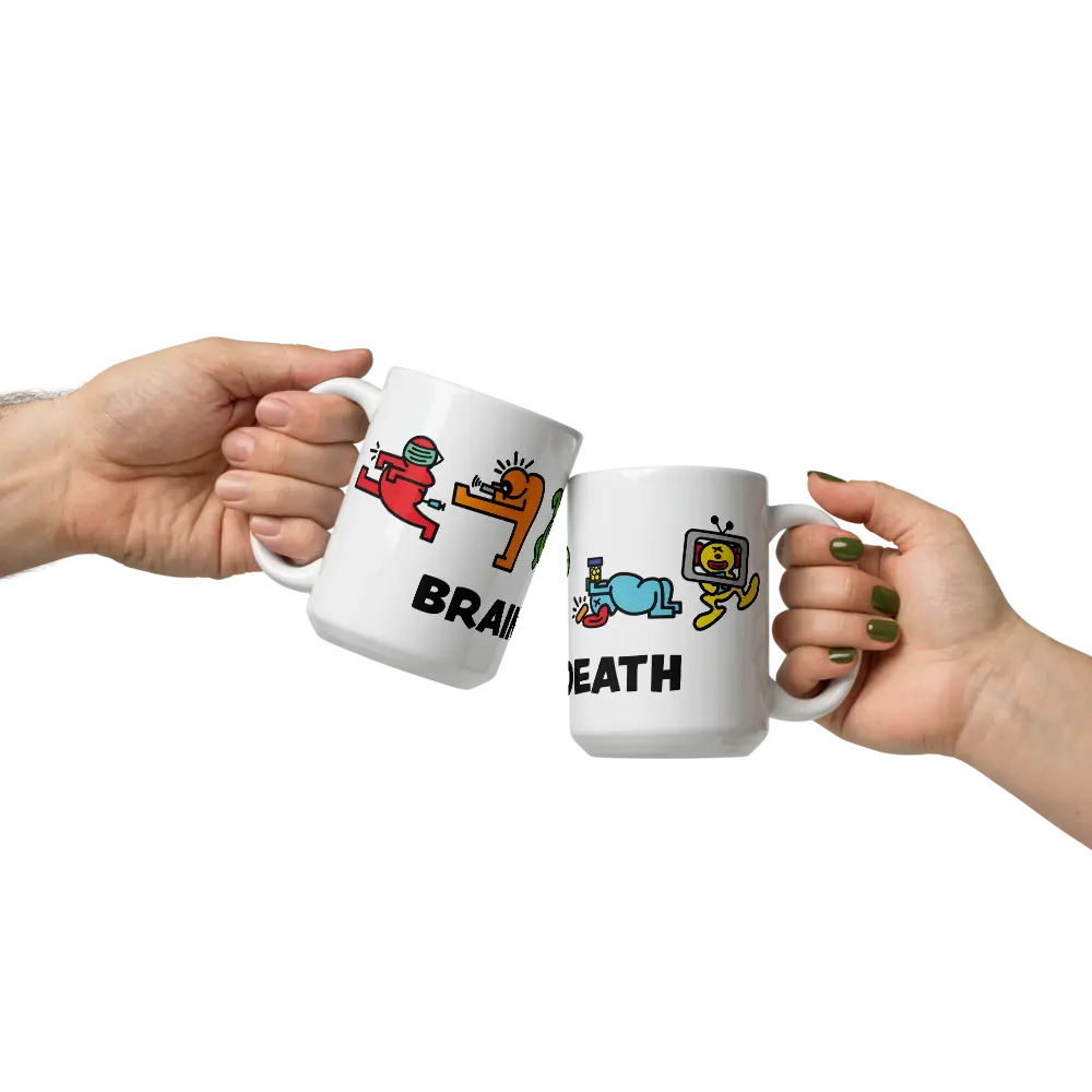 bitcoin mug - brain death - hold by 2 hands
