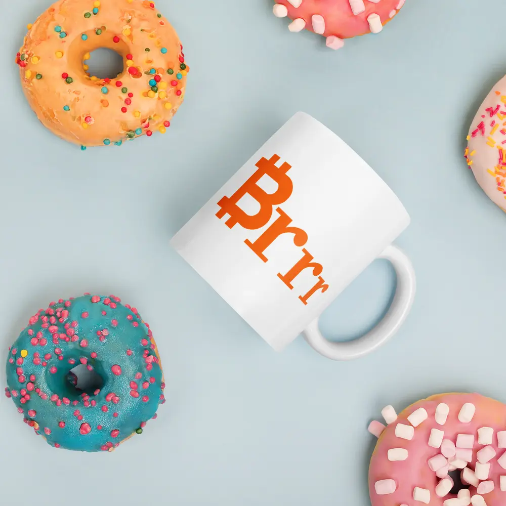 bitcoin mug - brrr - setting with donuts