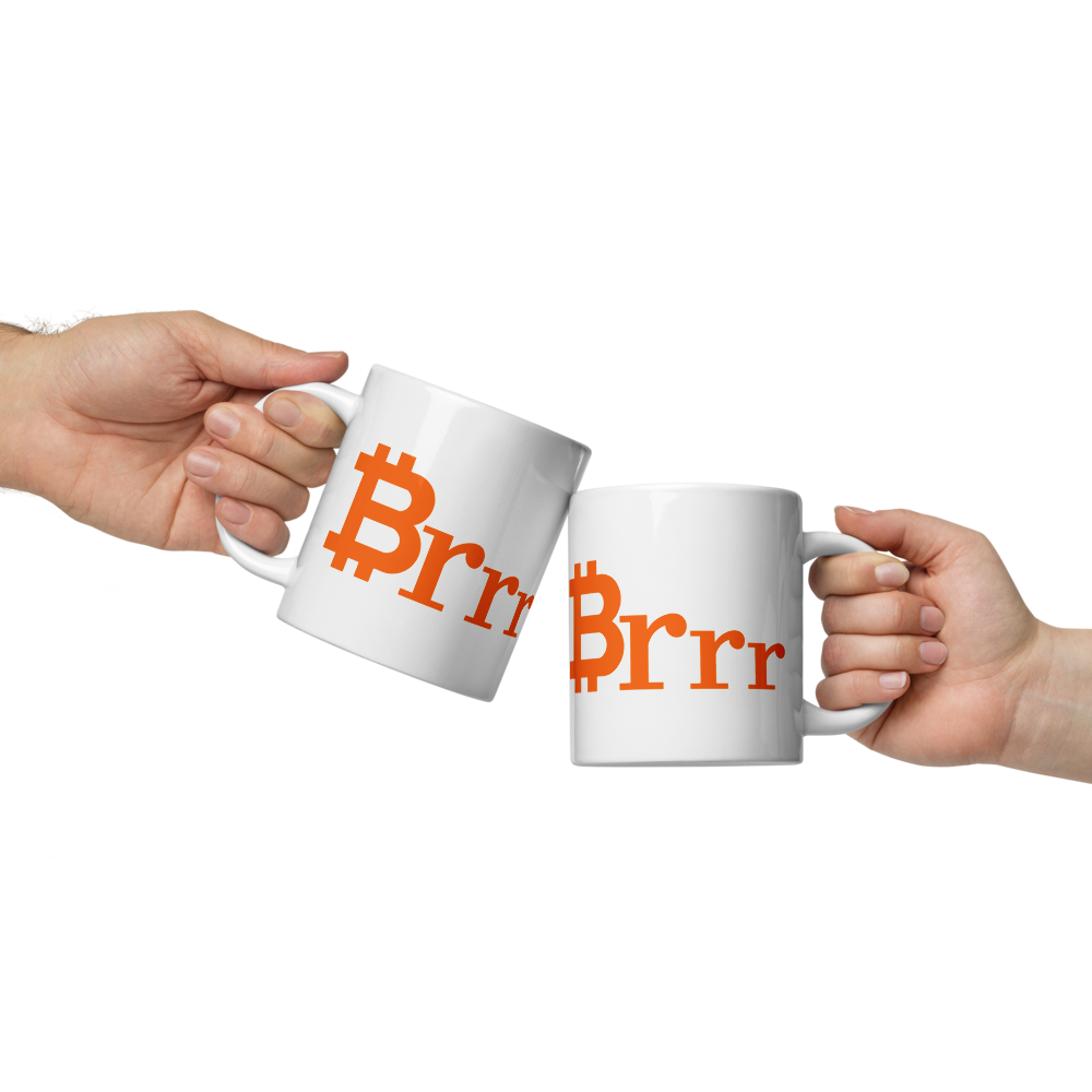 bitcoin mug - brrr - hold by 2 hands