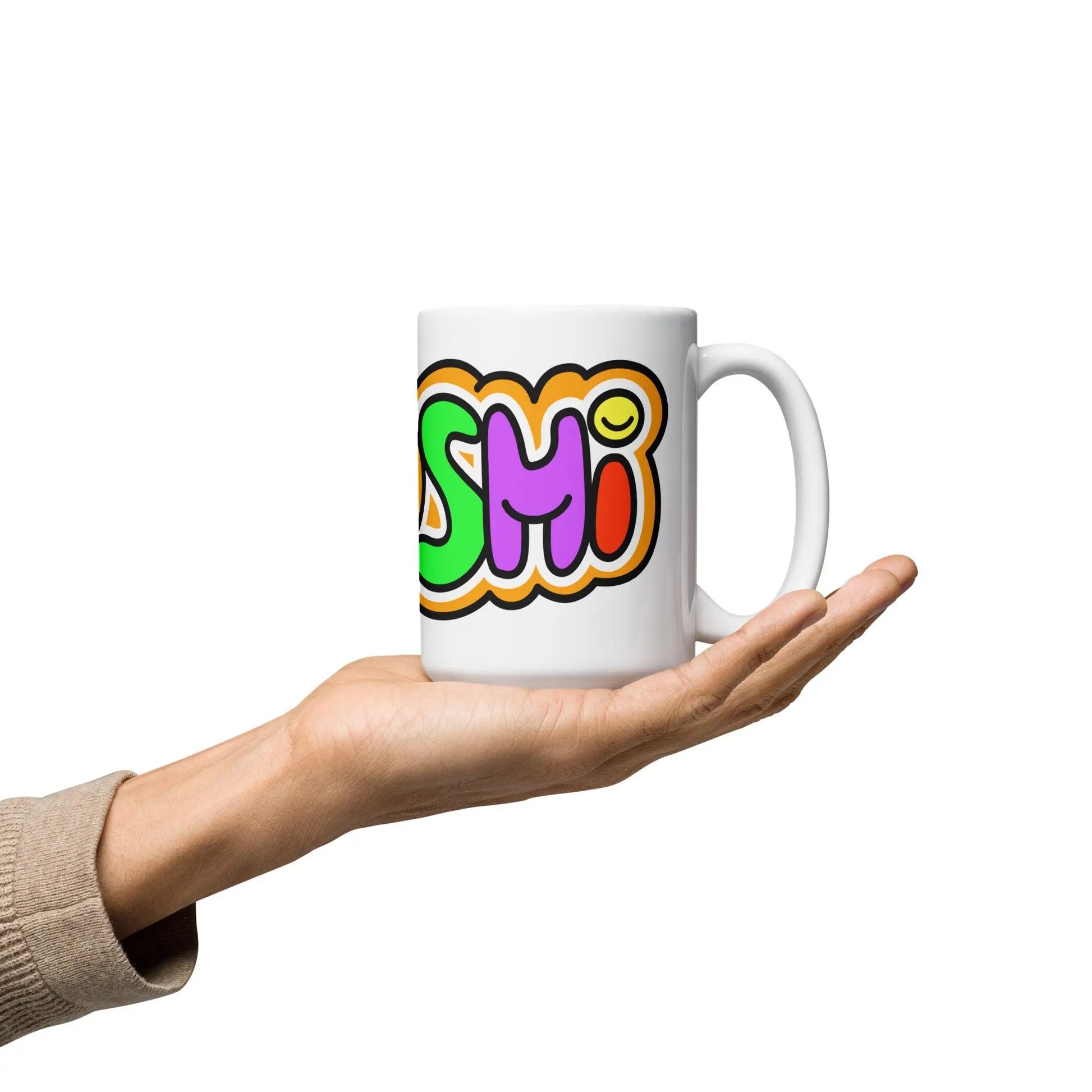 bitcoin mug - colorful satoshi - hold on hand - 443ml
