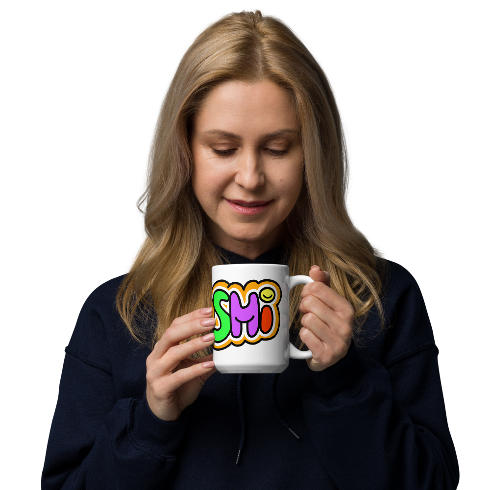 bitcoin mug - colorful satoshi - hold on hand by model