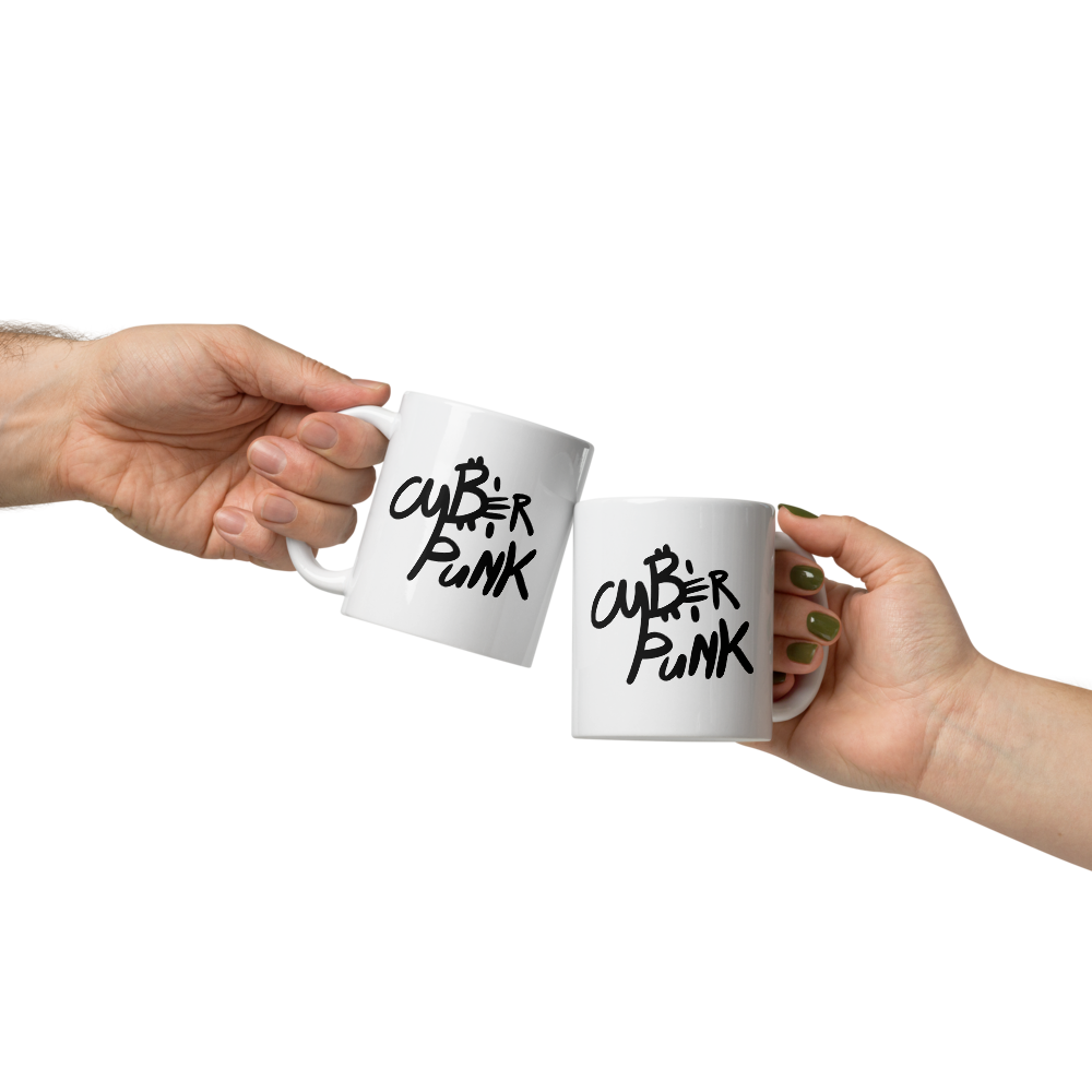 bitcoin mug - cyber punk - hold by 2 hands