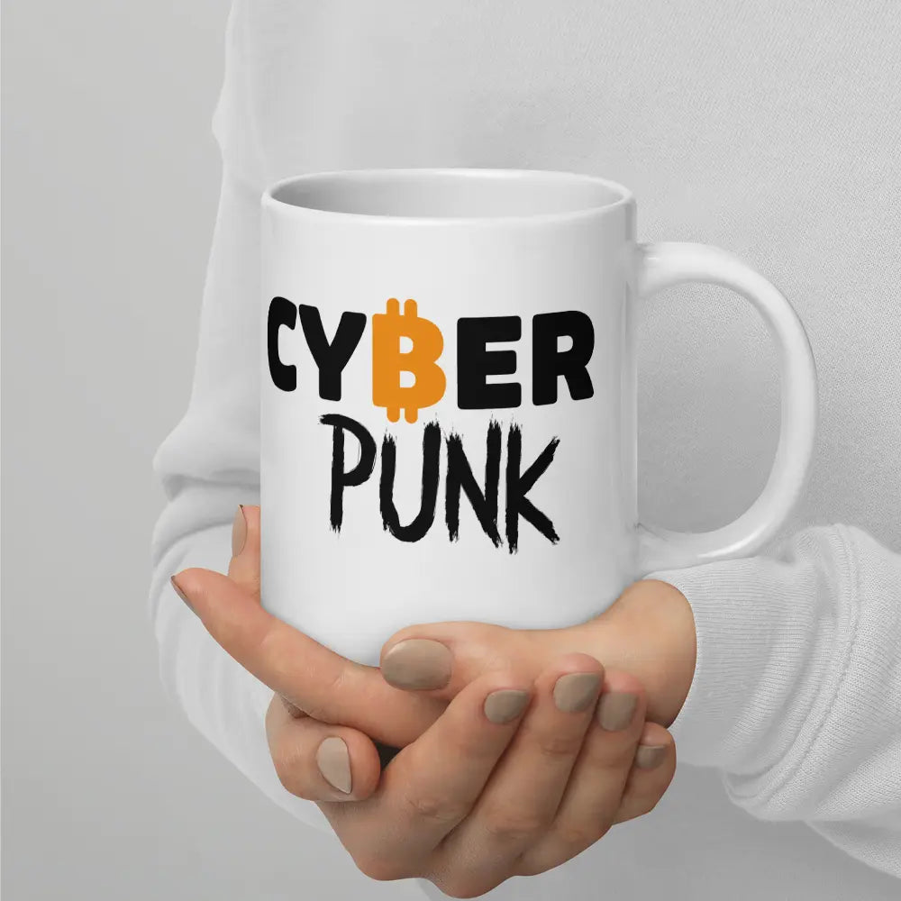 bitcoin mug - cyber punk design - hold by 2 hands